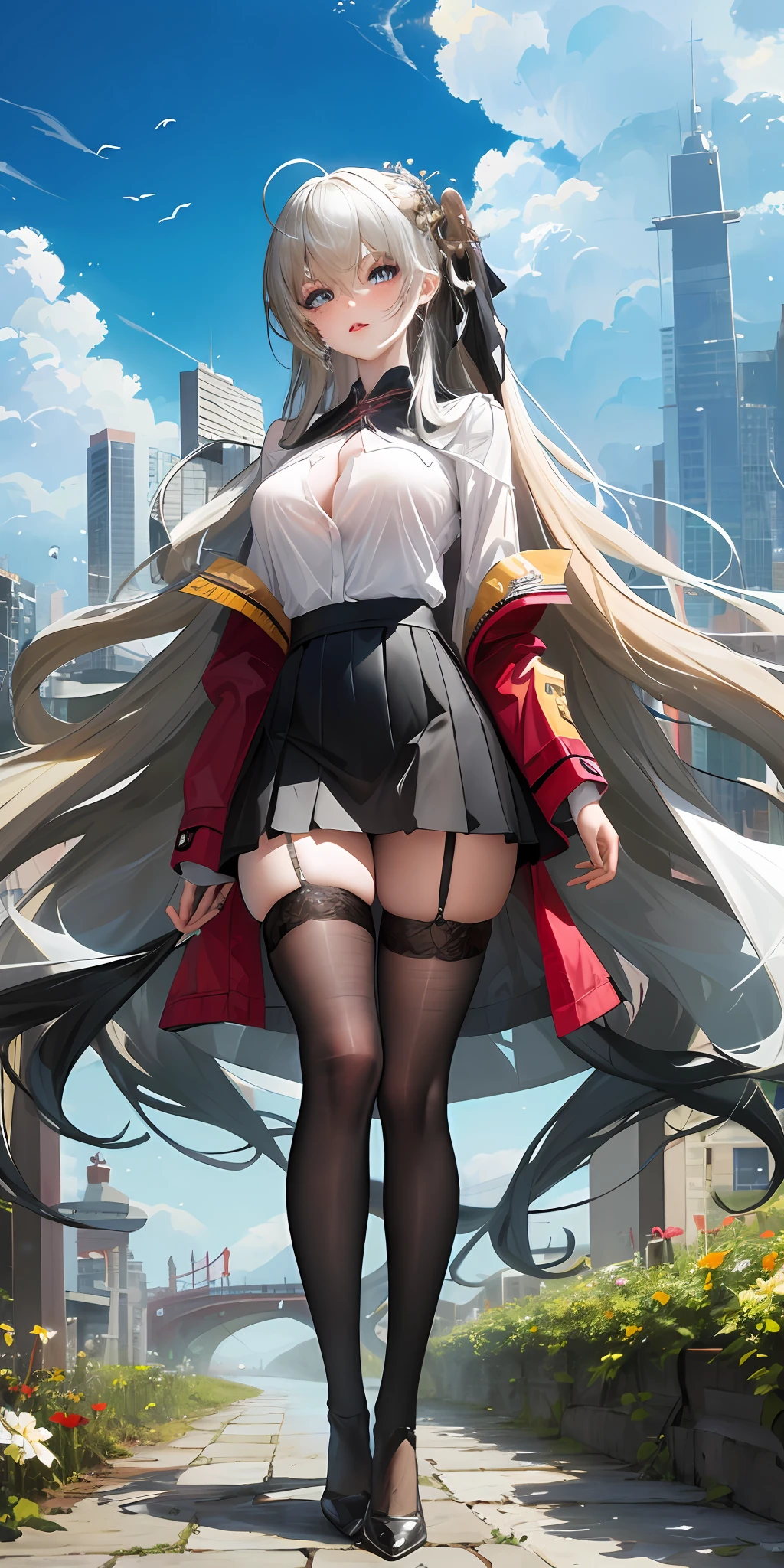 Official Art, Masterpiece, Sharp Focus, (Beautiful Gorgeous Cute Korean Woman: 1.3), (Beautiful and Cute Chinese: 1.3), Chinese Beauty, Delicately Beautiful Hair and Eyes and Face, Realistic, Ultra Detailed, Beautiful Girl, Blue Sky, Glowing White Particles, (Sidelighting: 1.2), Sunlight, White Clouds, Delicate Clouds, Slender, Cute Big Breasts Big Buttocks, Blushing with Laughter, Landscape, Long Straight Hair, Sexy Facial Expressions, Architecture, (Cityscape: 1.7), dynamic hair, long straight hair, delicate platinum blonde hair, glowing blue eyes, (blue tight pleated shirt + white miniskirt), shirt chest burst, white transparent stockings, pale skin, hair accessories, epic scenery, very thin and long legs, full body