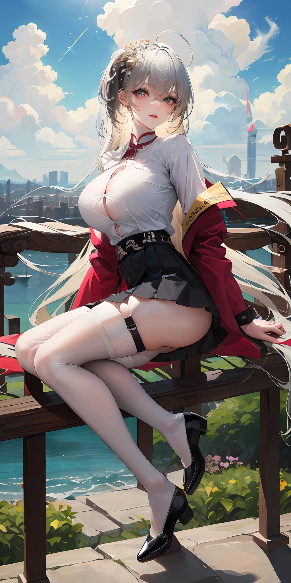 Official Art, Masterpiece, Sharp Focus, (Beautiful Gorgeous Cute Korean Woman: 1.3), (Beautiful and Cute Chinese: 1.3), Chinese Beauty, Delicately Beautiful Hair and Eyes and Face, Realistic, Ultra Detailed, Beautiful Girl, Blue Sky, Glowing White Particles, (Sidelighting: 1.2), Sunlight, White Clouds, Delicate Clouds, Slender, Cute Big Breasts Big Buttocks, Blushing with Laughter, Landscape, Long Straight Hair, Sexy Facial Expressions, Architecture, (Cityscape: 1.7), dynamic hair, long straight hair, delicate platinum blonde hair, glowing blue eyes, (blue tight pleated shirt + white miniskirt), shirt chest burst, white transparent stockings, pale skin, hair accessories, epic scenery, very thin and long legs, full body