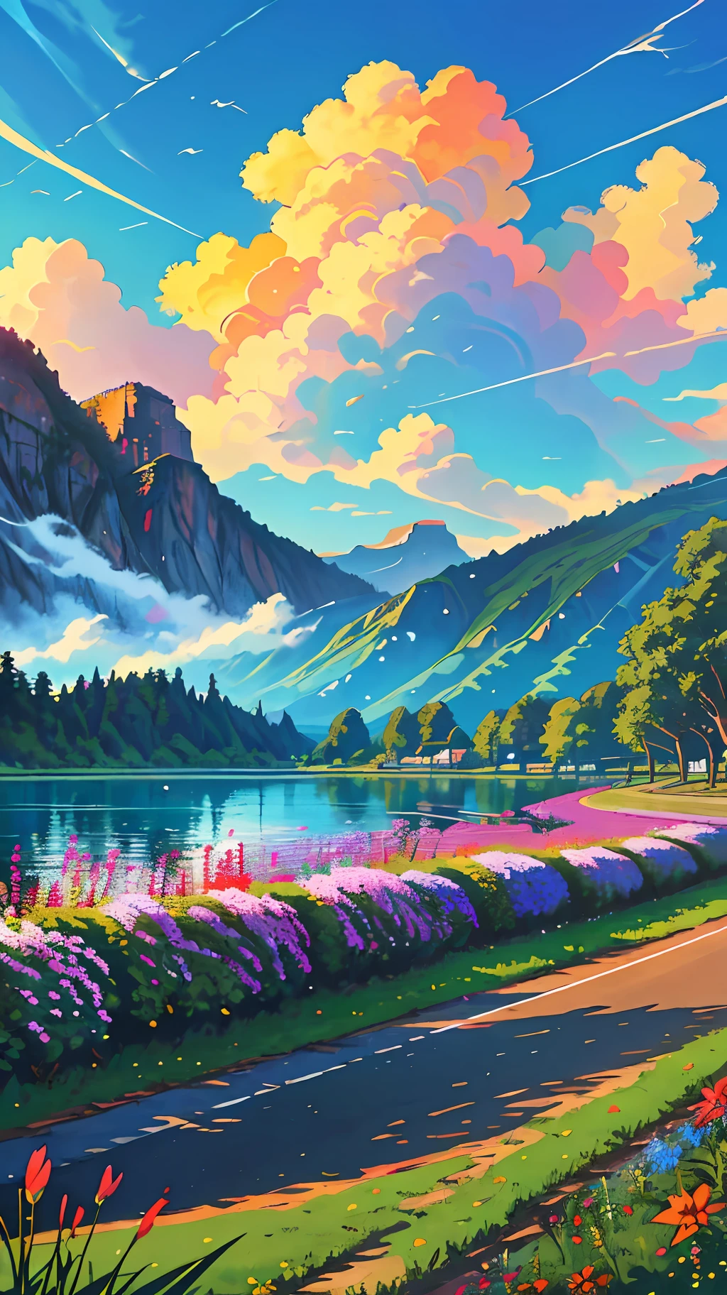 outdoor, landscape, highway, plant, sky, power line, cloud, utility pole, tree, ground vehicle, blue sky, flower, no one, motor vehicle, lake, green mountains \(\(intricate details\)\), colorful details, iridescent colors BREAK,\(\(masterpiece best quality\)\), 4k, ultra-detailed, detailed lighting, \((inspired by Hayao Miyazaki)\), official art, propaganda art, composition,