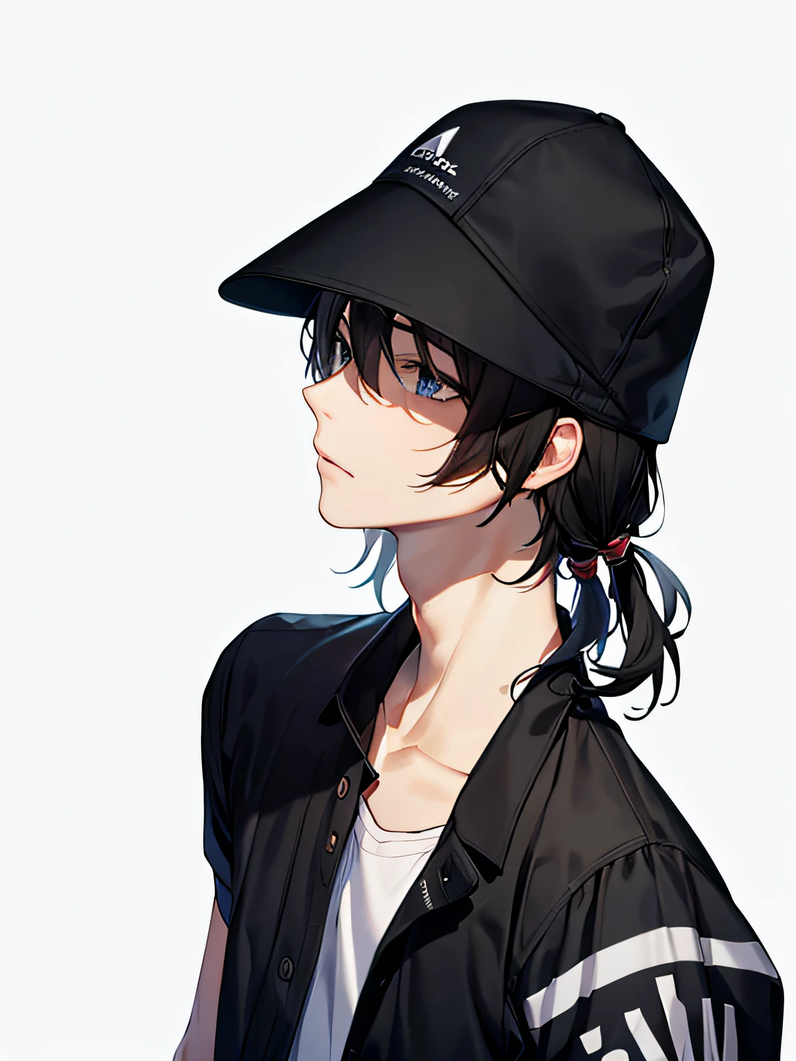 Male, black hair, short hair, white hat, black clothes, short sleeves