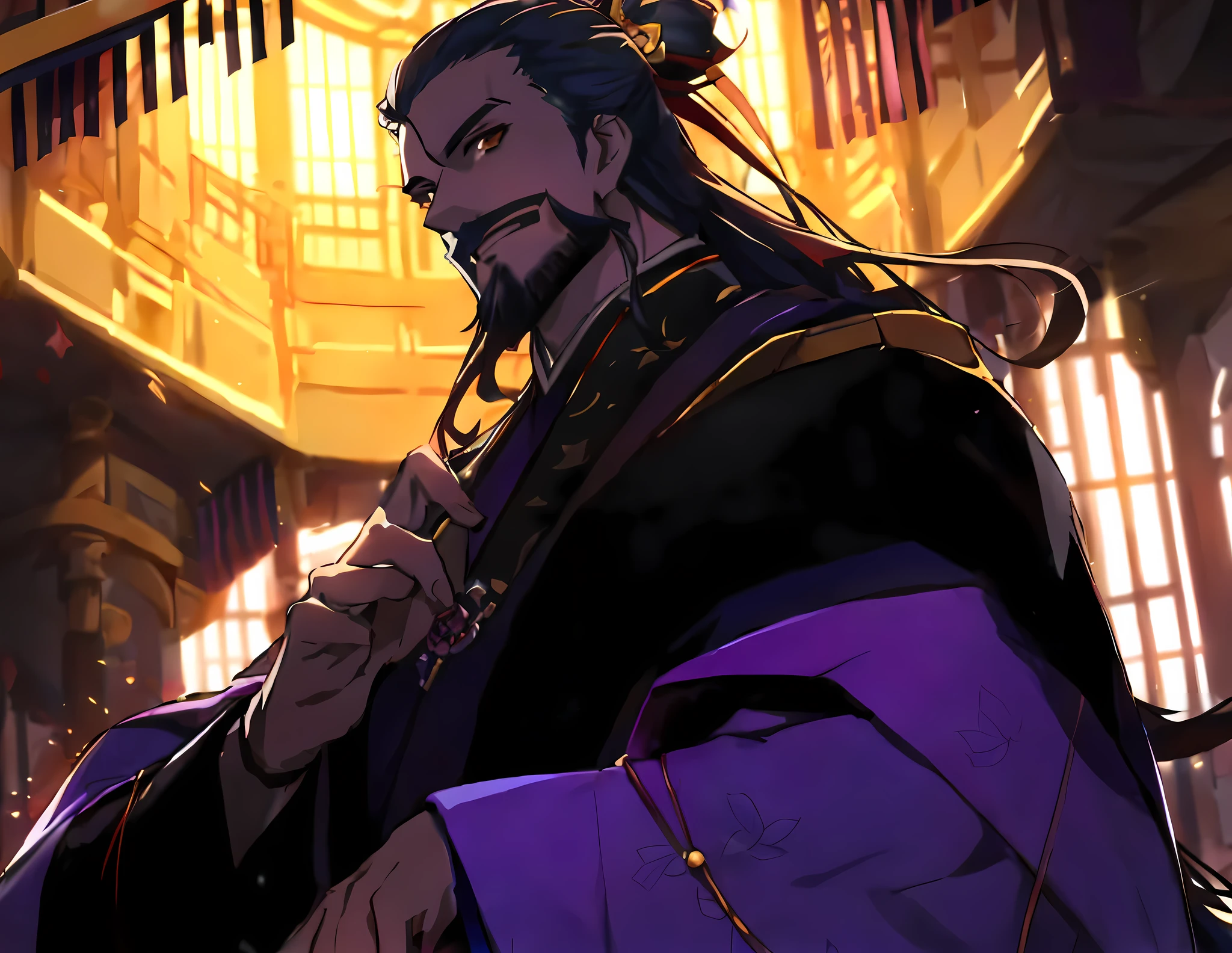 anime character with long hair and a purple robe holding a purple bag, zhongli from genshin impact, keqing from genshin impact, handsome guy in demon slayer art, hanzo from overwatch, genshin impact character, hijikata toushirou, onmyoji portrait, sengoku - era art style, masamune shiro, inspired by Huang Shen