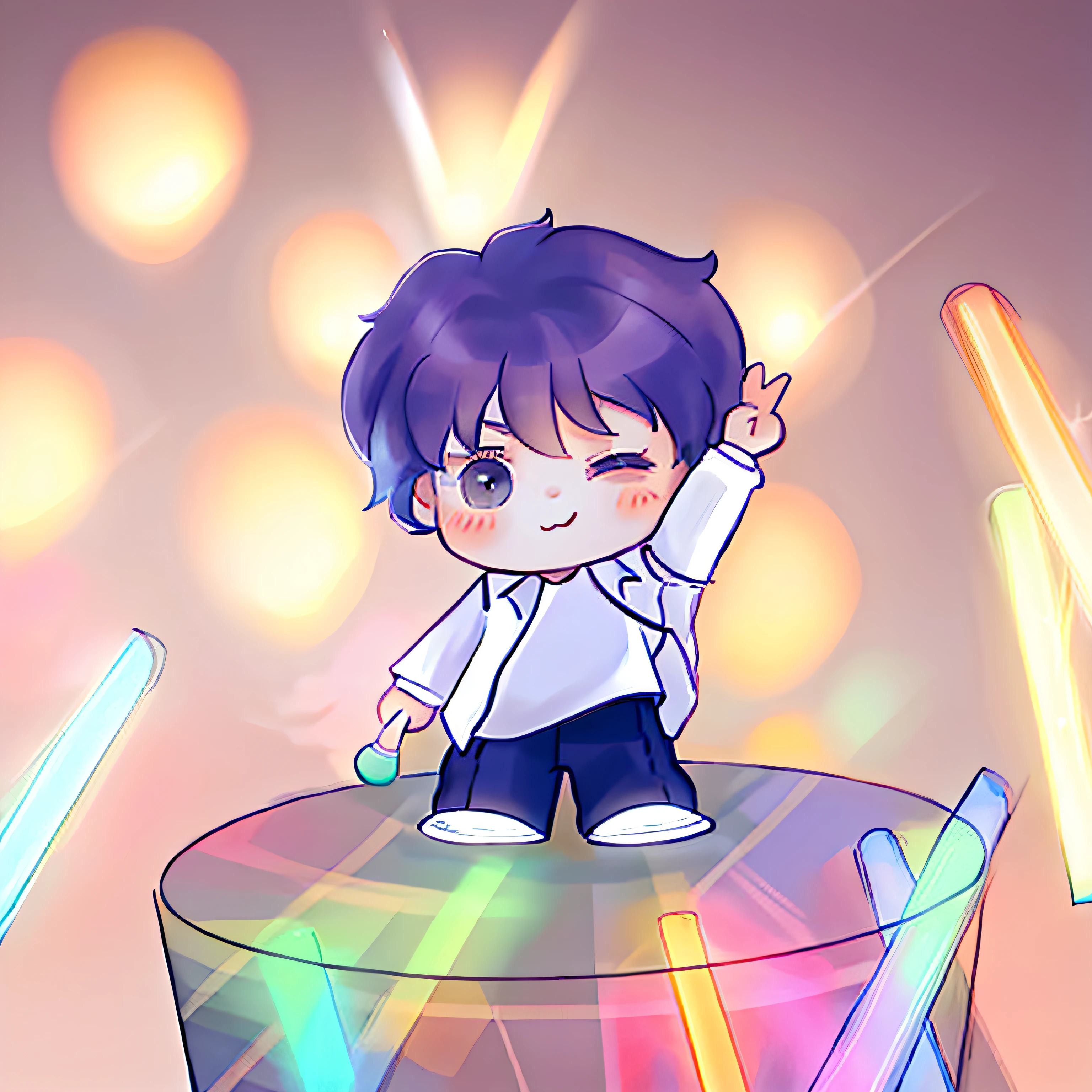 During the concert, a boy is on the stage in the scene of Biye, surrounded by the phantom of a glow stick. Q version of cute characters, anime style, gorgeous, dazzling lighting