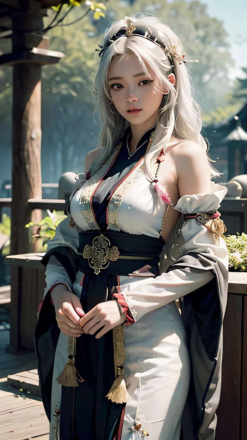 (1girl:1.3),solo,__body-parts__,
official art, unity 8k wallpaper, ultra detailed, beautiful and aesthetic, beautiful, masterpiece, best quality,Fantastical Atmosphere, Calming Palette, Tranquil Mood, Soft Shading,
Miko priestess, charm spell, talisman familiar, shrine maiden duties, white hair, long hair