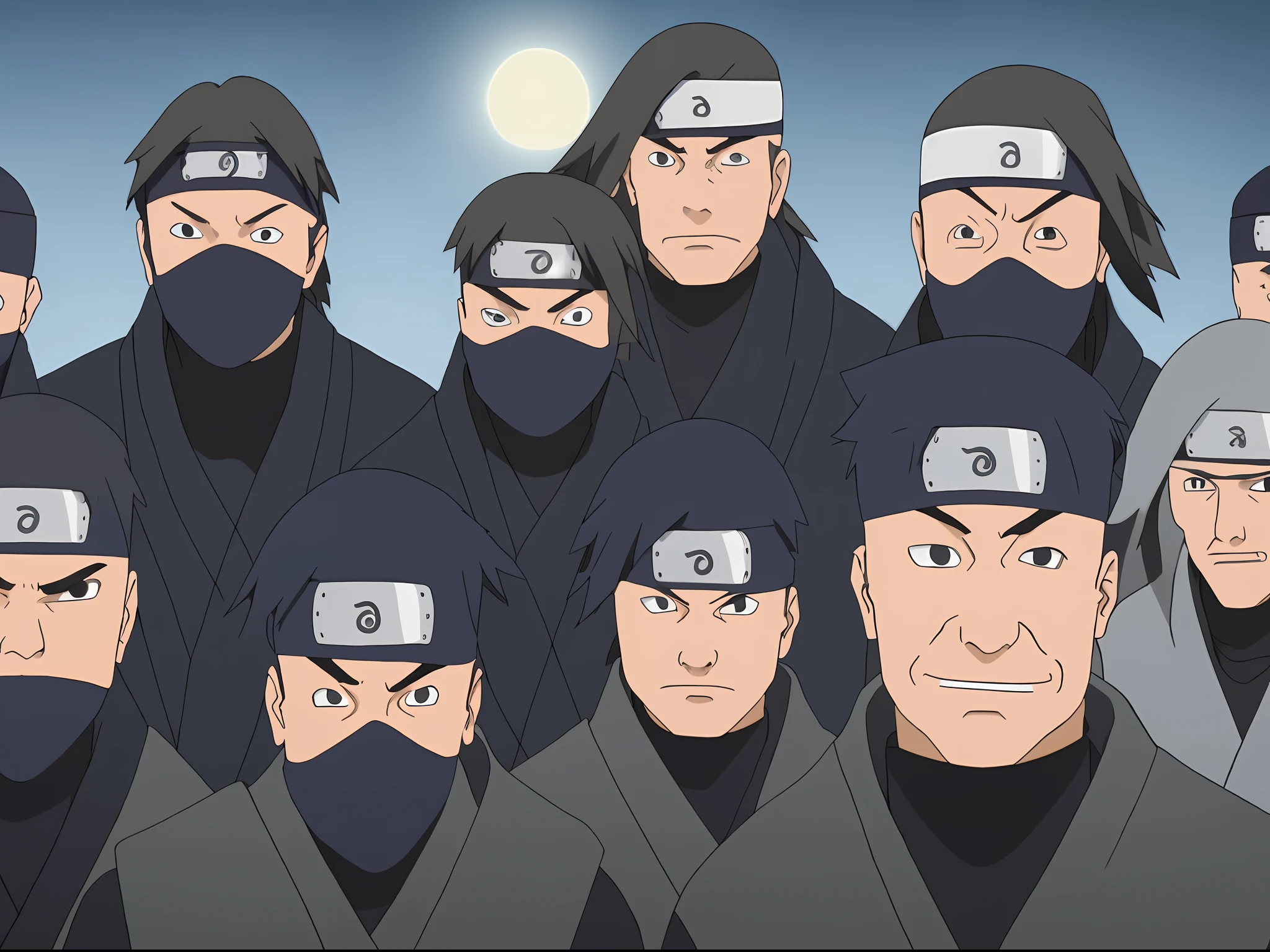 ninja headband,ninja portrait (masterpiece:1,2), ((some male ninjas looking at viewer with a angry smiling face)),((indoor)),((abandon factory)),(at night),spotlight,(((grey background))),(grey wall),best quality, highres, original, extremely detailed wallpaper, looking at viewer,  perfect lighting,(extremely detailed:1.2),(8k:1.1),