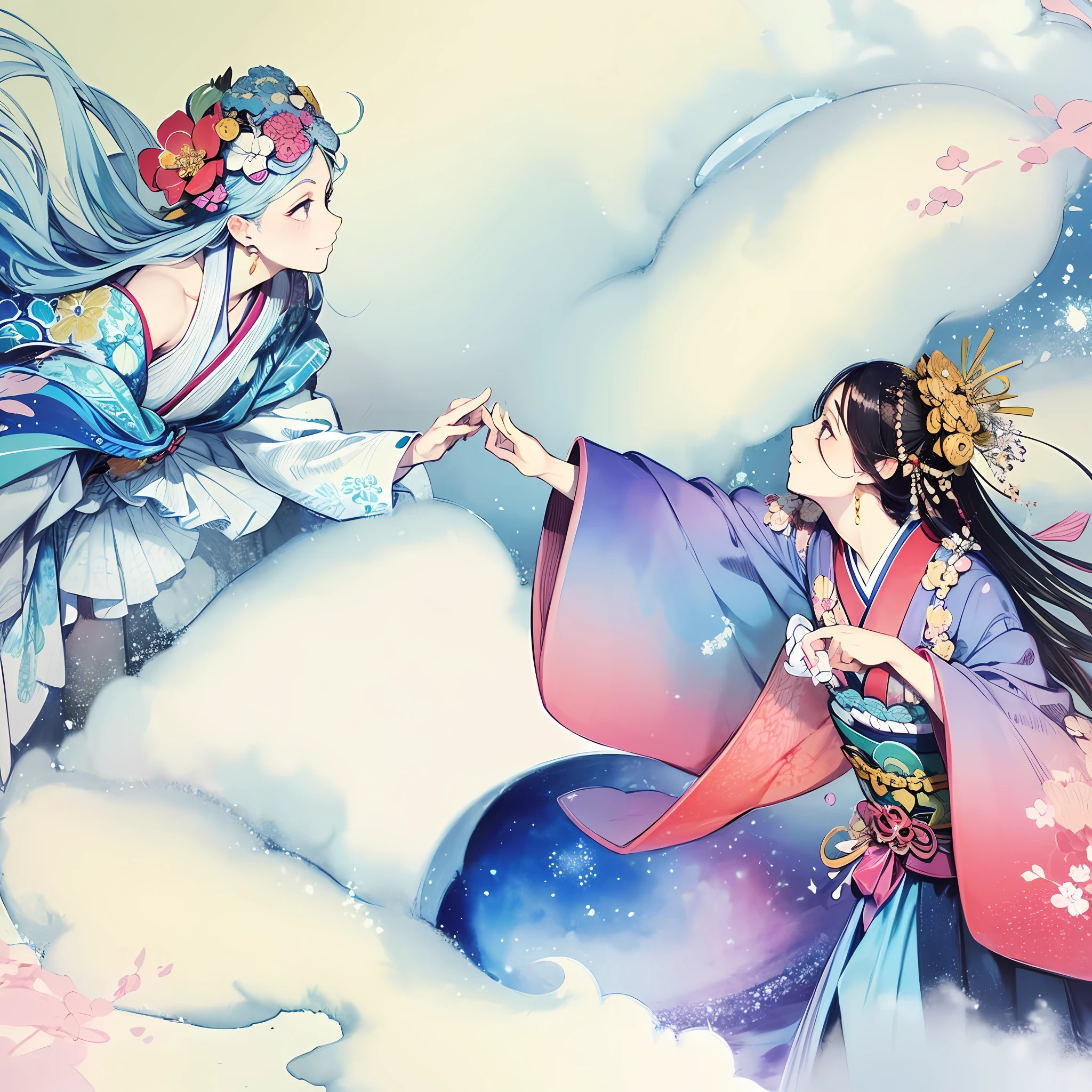 Fine brush, beautiful. Detailed drawings. High image quality,ultra detailed, detailed watercolor and pencil and black ink, soft and fantastic, pastel, ukiyo-e、Orihime and Hikoboshi meet each other in the sky and gaze lovingly at each other, and a fantastic atmosphere envelops them,