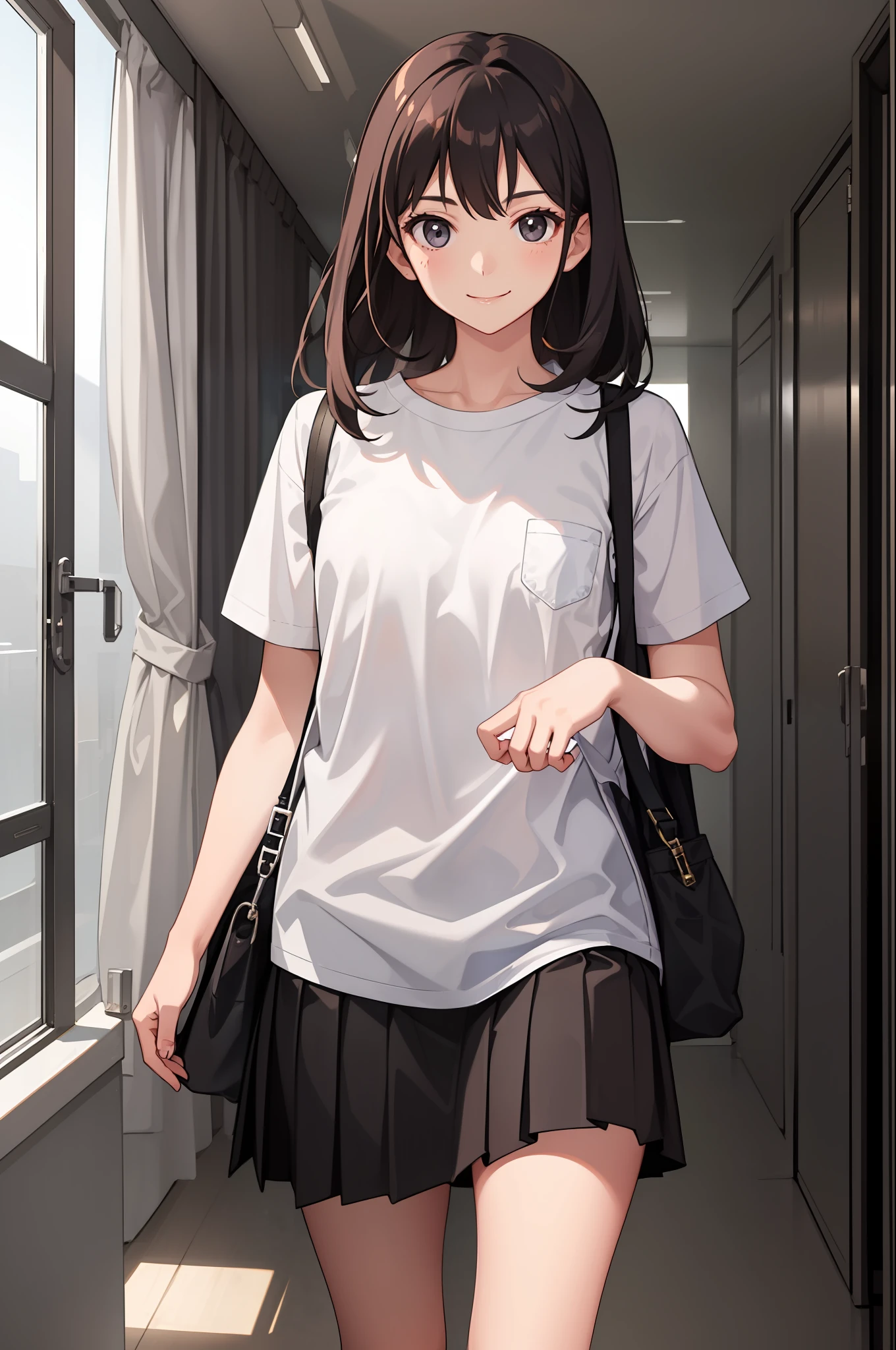 1 girl, smile, shirt, skirt, (small) chiralism,