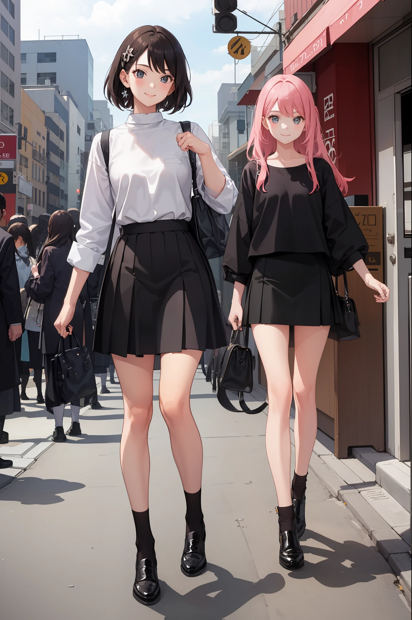 1 girl, smile, shirt, skirt, (small) chiralism,