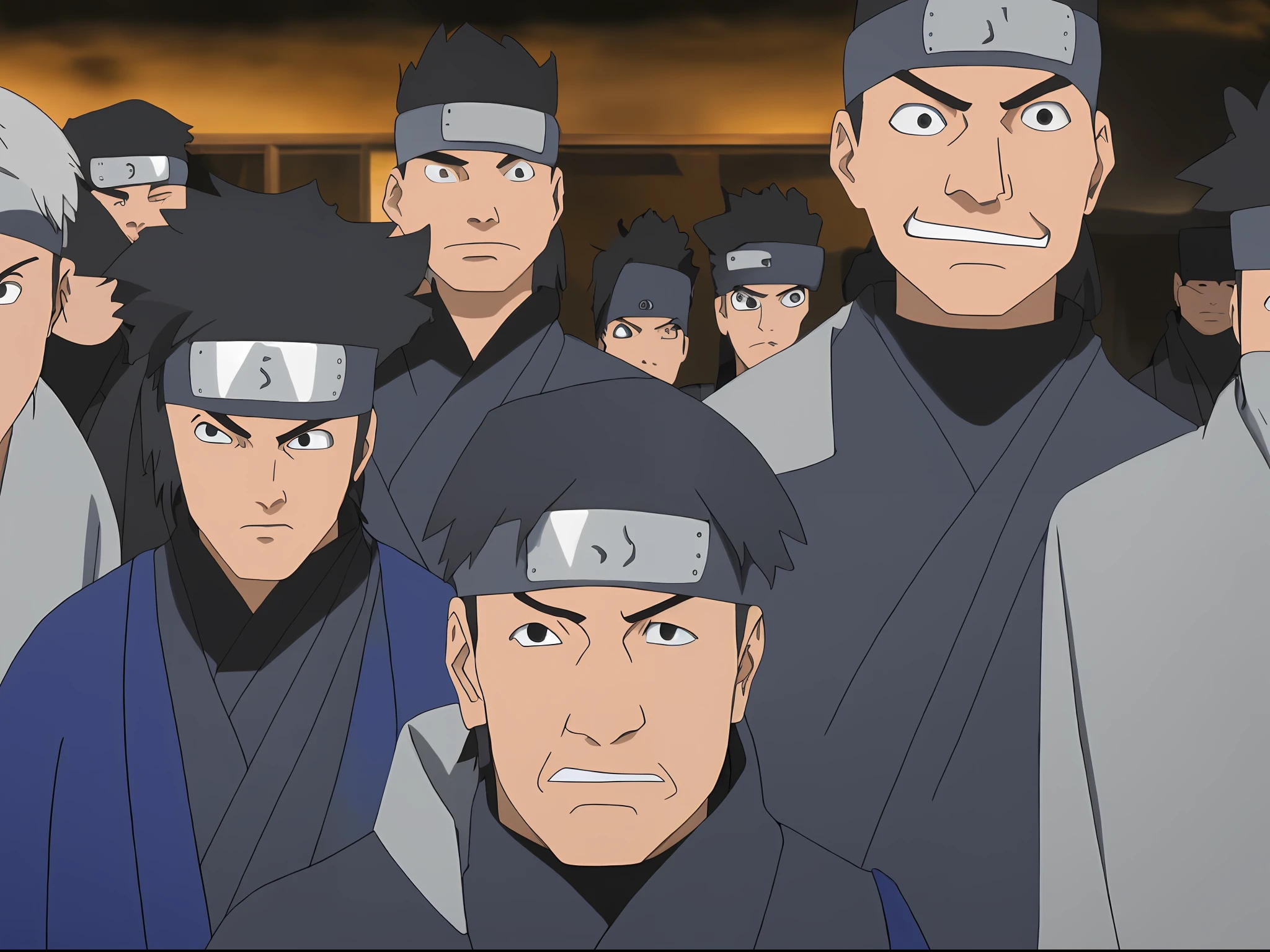 ninja headband,ninja portrait (masterpiece:1,2), ((some male ninjas looking at viewer with a angry smiling face)),((indoor)),((abandon factory)),(at night),spotlight,(((grey background))),(grey wall),best quality, highres, original, extremely detailed wallpaper, looking at viewer,  perfect lighting,(extremely detailed:1.2),(8k:1.1),