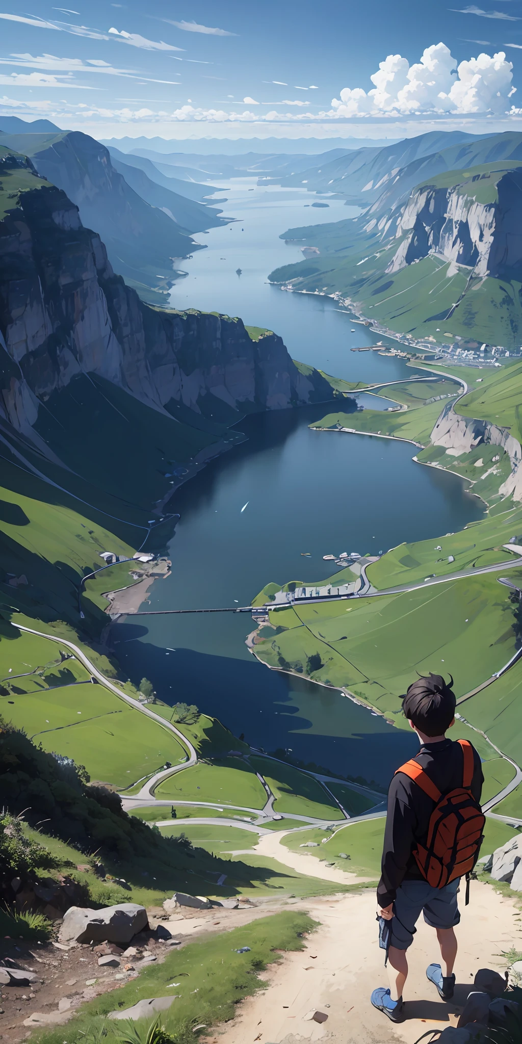 Absurd resolution, high resolution, (masterpiece:1.4), ultra-detailed, 1boy, seen from above, distant mountains, lakes, roads, clouds, drizzle, --v 6