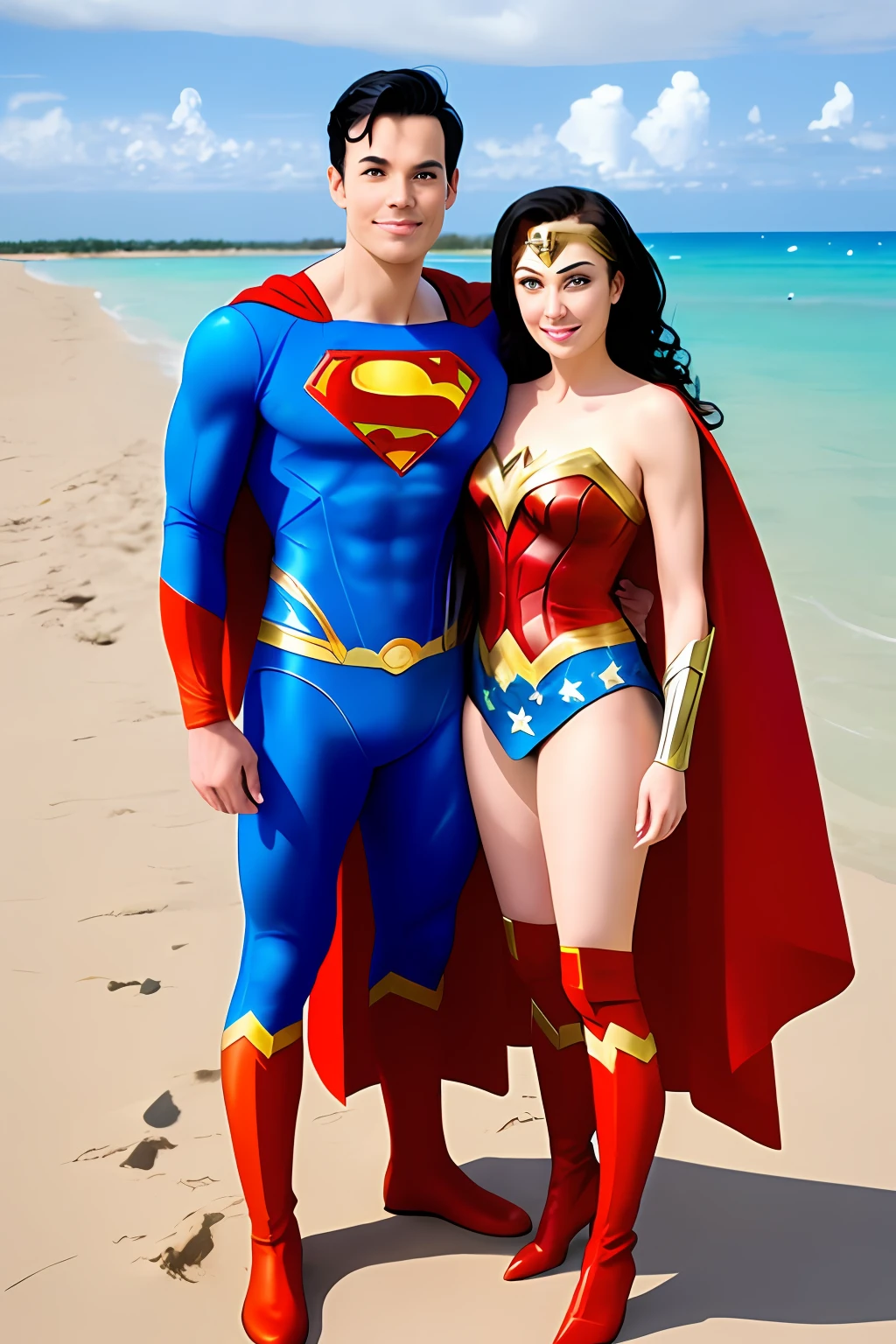 Super man with wonder woman together on a beach
