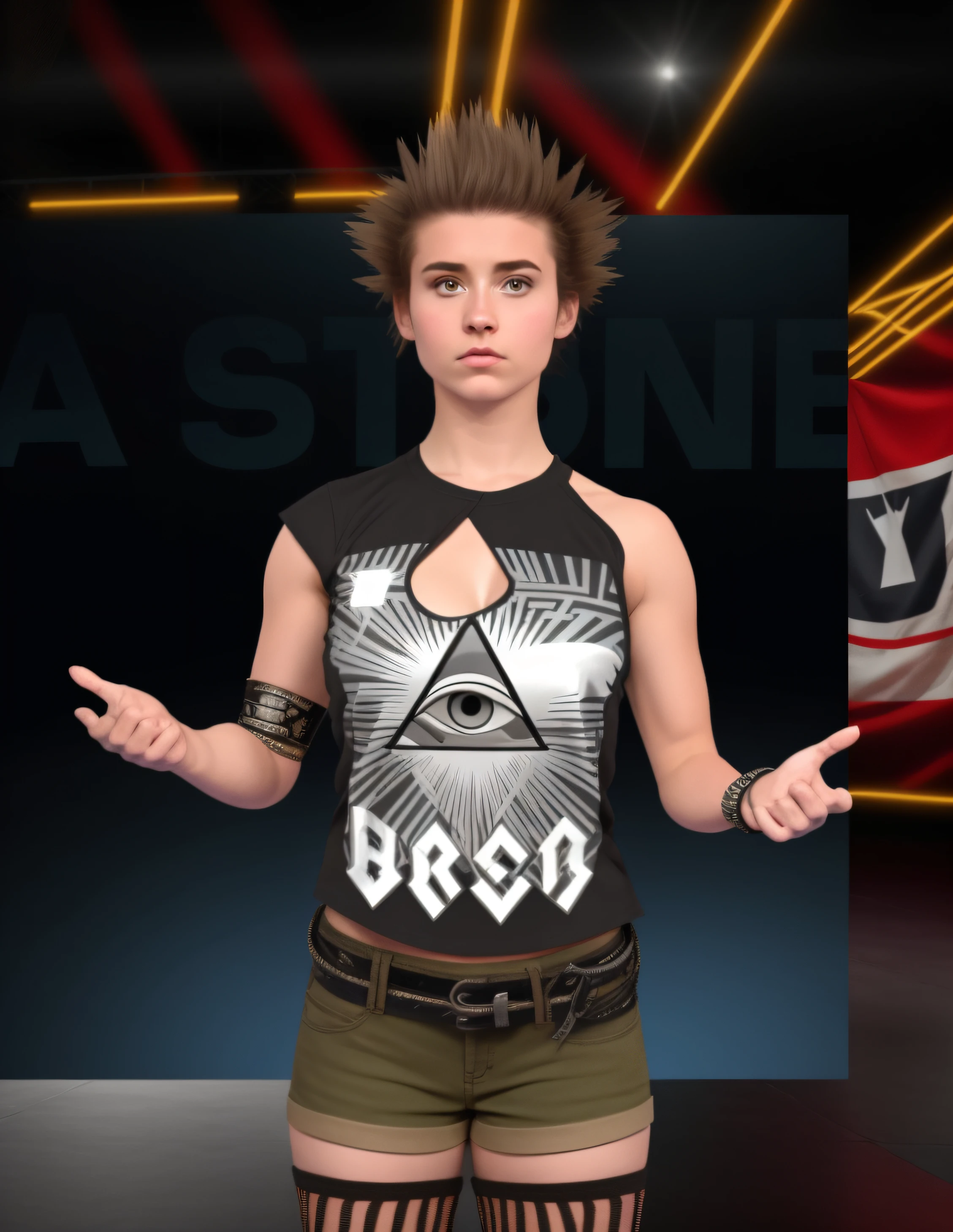 Spiky haired brunette tall Caucasian female wrestler, black ripped shirt with Illuminati decals, white exposed bra, white wrist tape on right arm, wrist bandana on left arm, beige denim shorts with leather belt, black ripped socks, photo realistic, intricate details