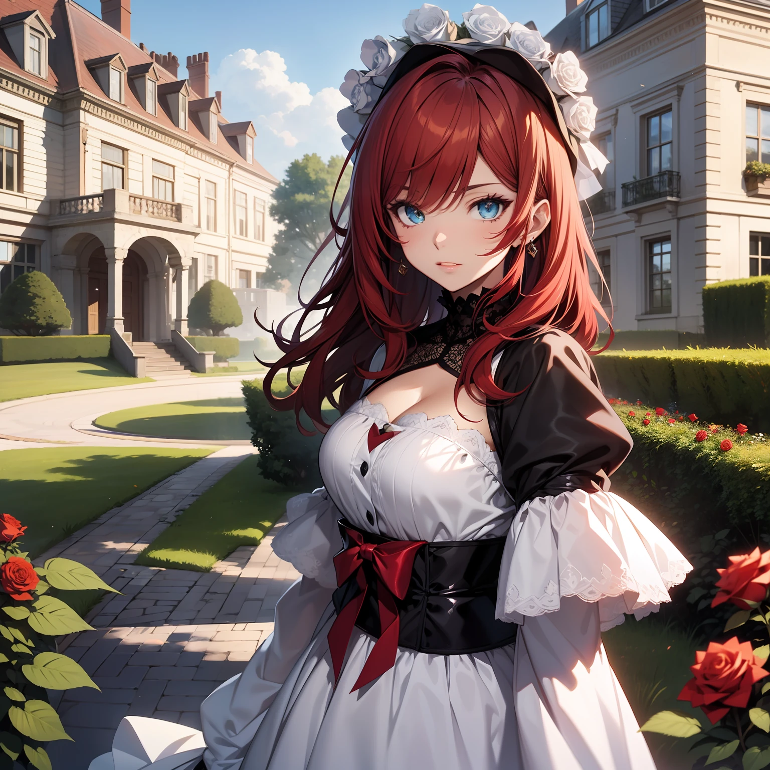 Lolita Gotica, anime, drawn by Thores Shibamoto, red hair, white dress, blue eyes, in a garden, with red roses, mansion in the background, looking at the viewer, 4k, masterpiece, detailed face