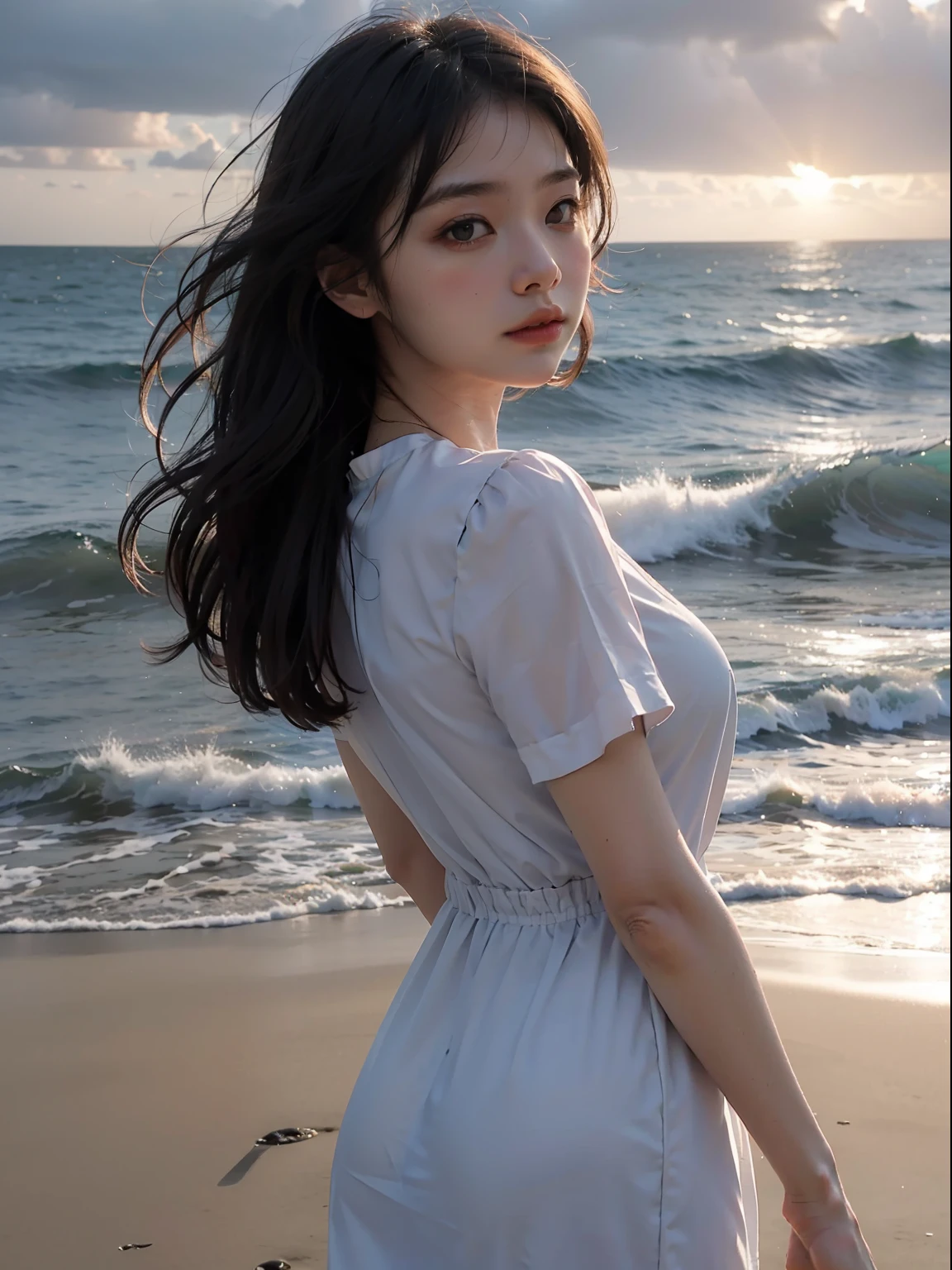1girl,skit,dress,美乳,blouse, sea, wave, beach, sombre atmosphere, backlighting, sunset, dramatic lighting