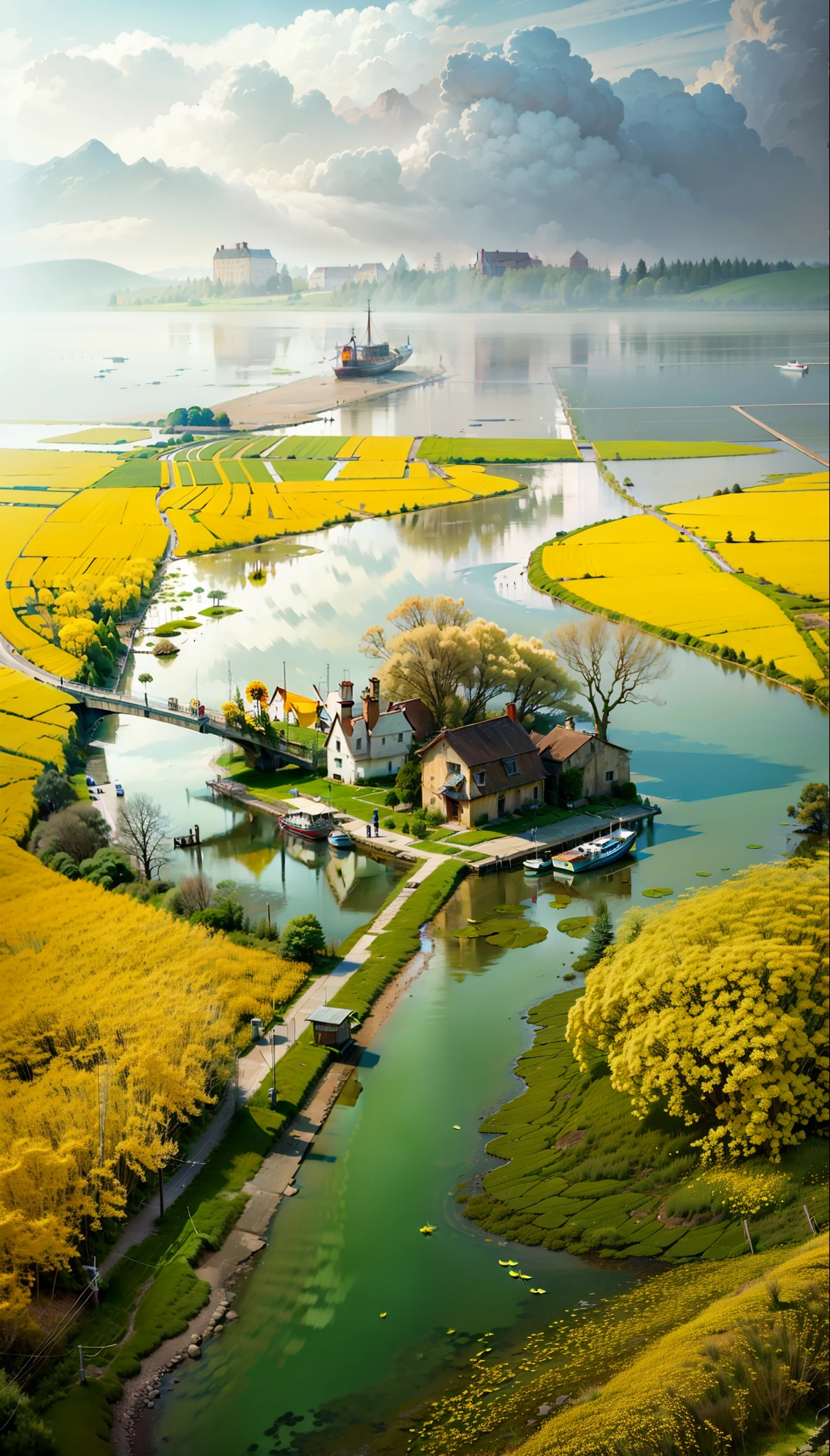 Rivers, rape flowers, boats, big trees, houses