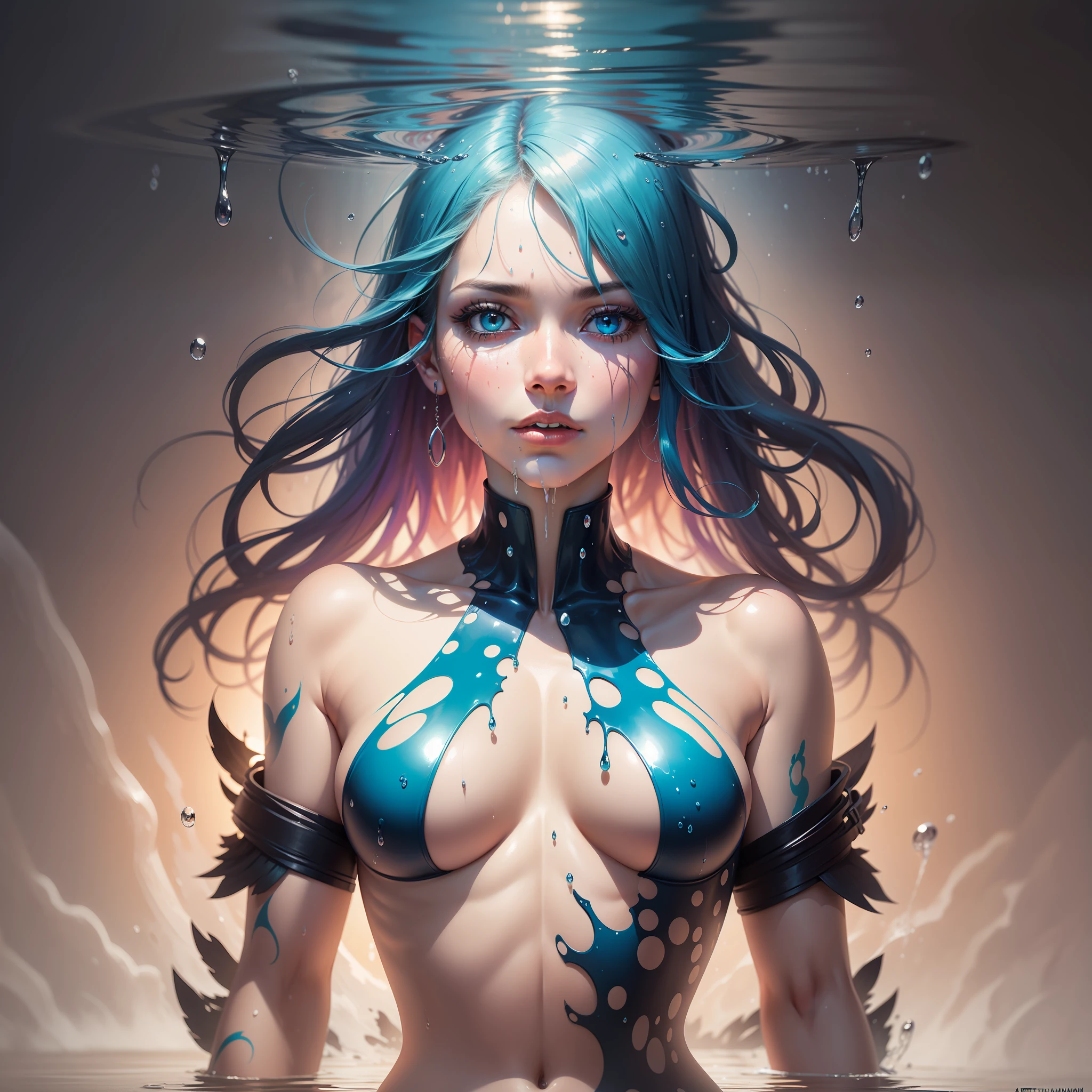 a half-body portrait of a jellyfish woman made of water, half body submerged in water, in a lake, hair of thousands small golden snakes, depicting as waterfall, wet, drops of water on the face and body, tribal tattoos, natural body posture, rain, Art by Alberto Seveso, by Carne Griffiths, by Wadim Kashin, by jean baptiste monk, symmetrical, abstract art style, complex and intricate watercolor painting, sharp eyes, digital painting, explosion of colors, conceptual art, volumetric lighting, TanvirTamim, metallic reflections, 2d rendering, 8k. by artgerm, trend in artstation