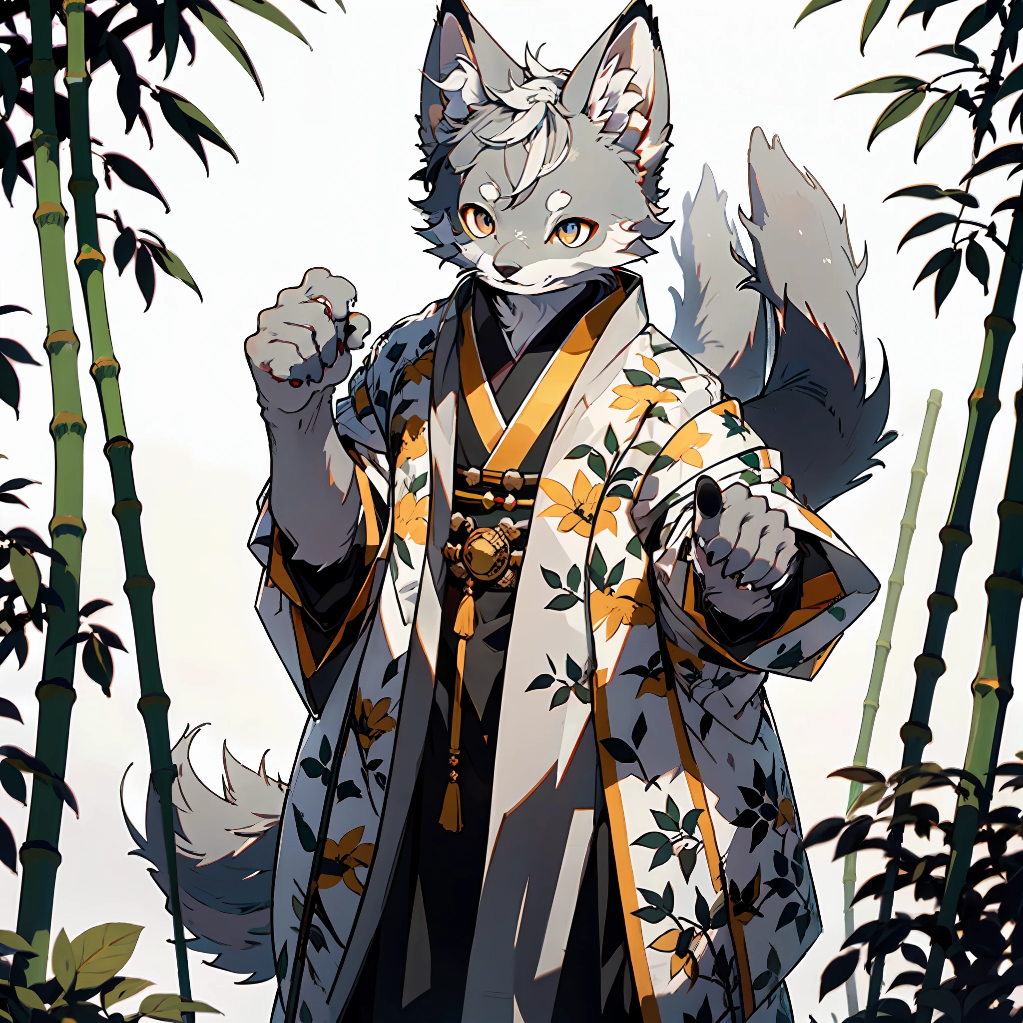 Solo, Masterpiece, High Detail, Super High Quality, High Resolution, 1080P, ((Single)), Furry, (Male Arctic Fox: 1.5), (Gray Fur: 1.5), (Gray Skin: 1.5)), Gray Ears, (Golden Eyes: 1.5), (Gray Paws)), Canine Paws, ((Detailed People)), Character Focus, Wearing Traditional Chinese Robe, in a Bamboo Forest