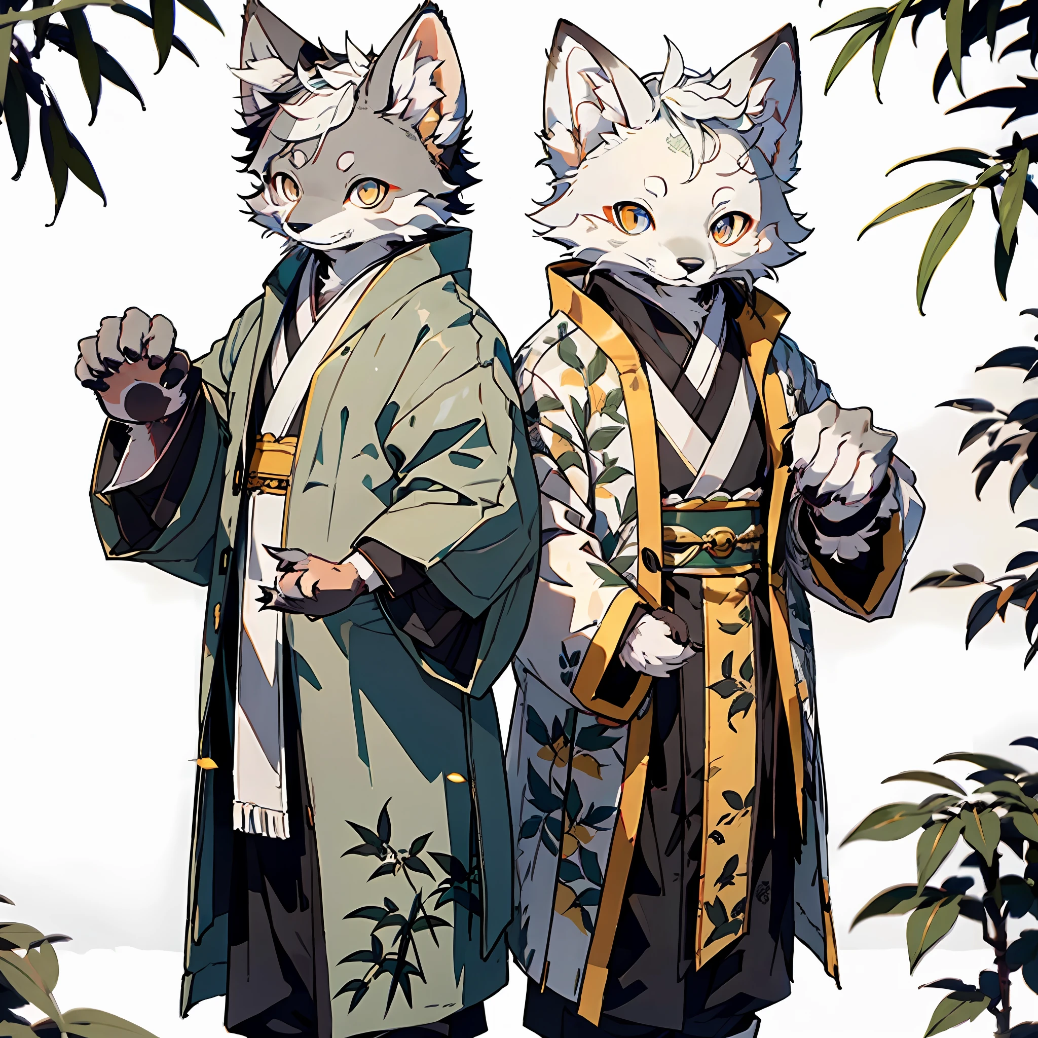Solo, Masterpiece, High Detail, Super High Quality, High Resolution, 1080P, ((Single)), Furry, (Male Arctic Fox: 1.5), (Gray Fur: 1.5), (Gray Skin: 1.5)), Gray Ears, (Golden Eyes: 1.5), (Gray Paws)), Canine Paws, ((Detailed People)), Character Focus, Wearing Traditional Chinese Robe, in a Bamboo Forest
