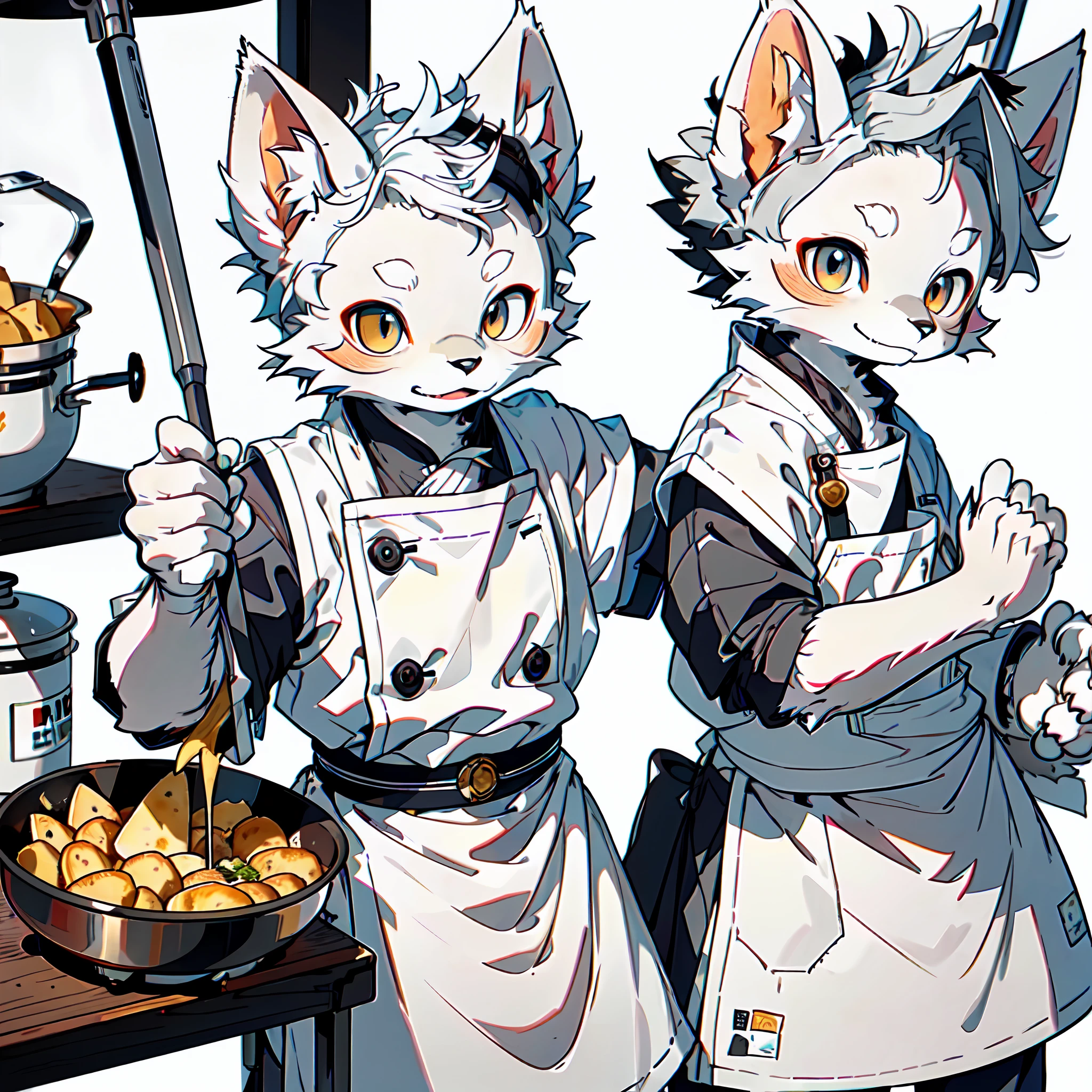Solo, Masterpiece, High Detail, Super High Quality, High Resolution, 1080P, ((Single)), Furry, (Male Arctic Fox: 1.5), (Gray Fur: 1.5), (Gray Skin: 1.5)), Gray Ears, (Golden Eyes: 1.5), ((Gray Paws)), Canine Paws, ((Detailed Characters)), Character Focus, Dressed in White Chef Attire, Wearing White Apron, Wearing White Chef Hat, Cooking in the Kitchen
