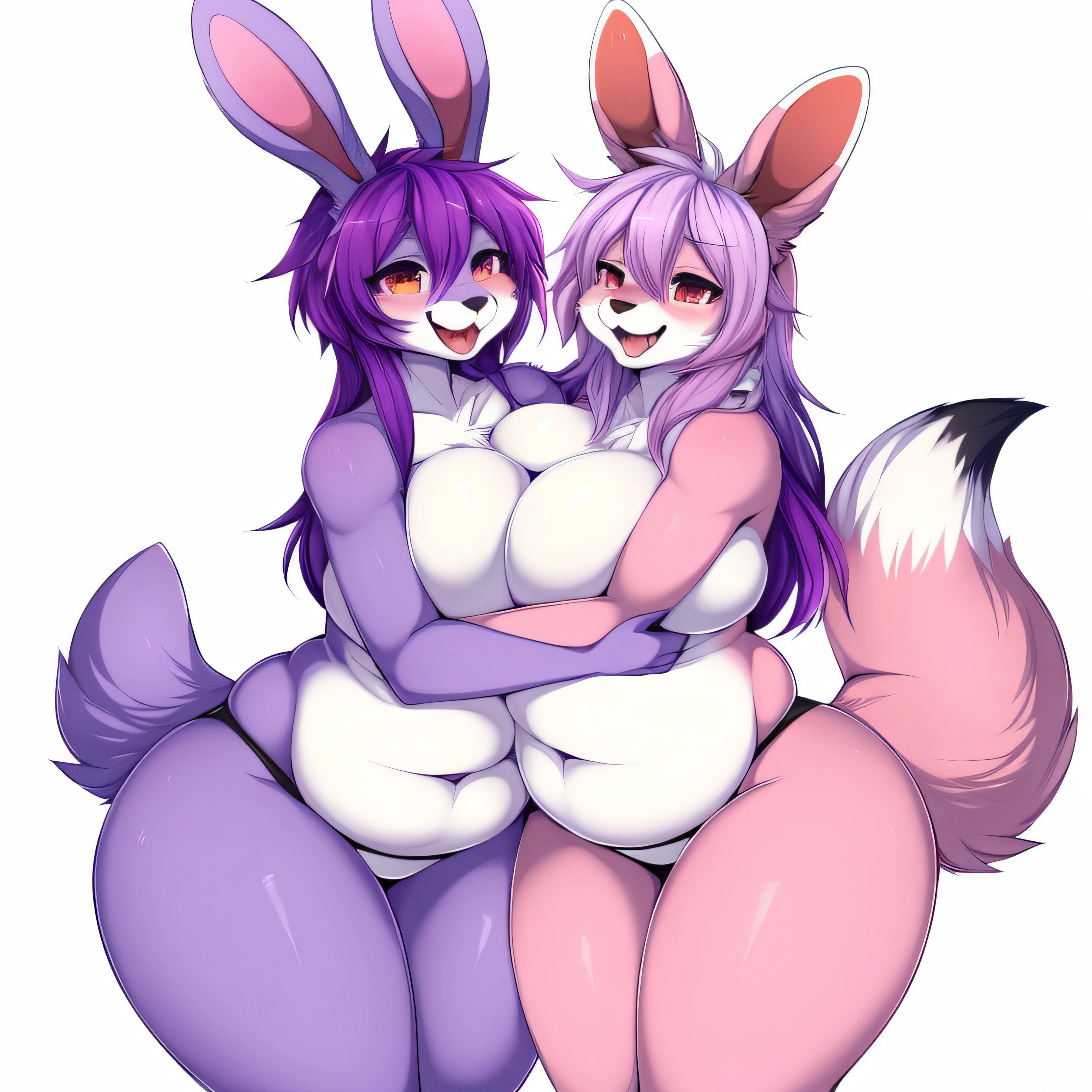 ((masterpiece, best quality, hug)), (Anthro furry:1.3, anthro:1.3, hairy:1.2, fullbody:1.2, neckline, smile), by teranen, (coffeesoda:1.1), teranen, fox, anthro, female, pleasure face, Breathless, very chubby, ass, curvy thighs, huge thighs, pink right iris, pink left iris, pink body, big boobs, chubby, white hair, white bangs, pink hair, pink ears, chest fluff, ((duo)), (purple bunny, purple hair)