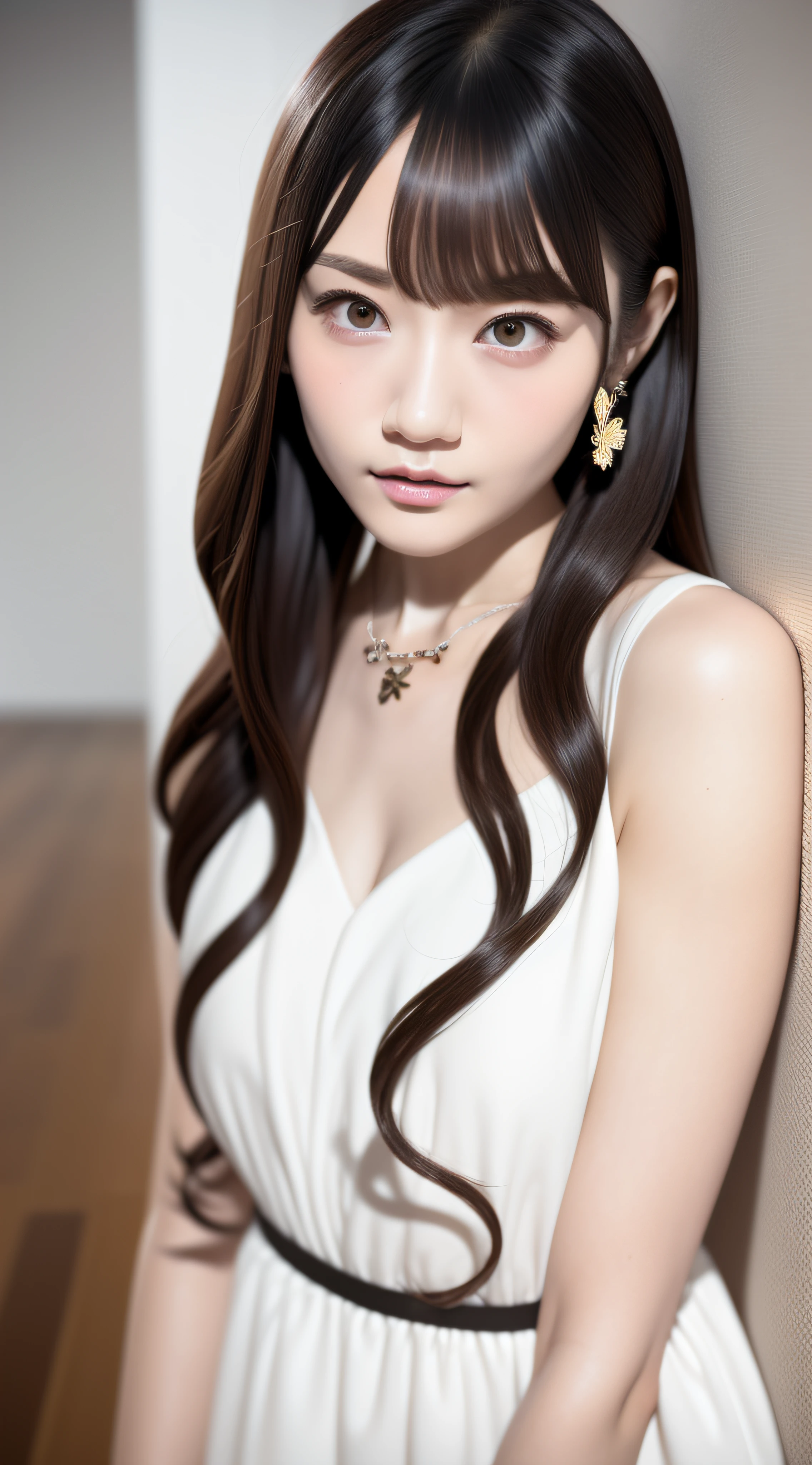 (best quality, masterpiece),1girl, solo, jewelry, necklace, looking at viewer, long hair, twintails, realistic, bangs, hair ornament, lips, collarbone, closed mouth, brown hair, butterfly hair ornament, white dress, (small breasts), breasts, upper body, smile