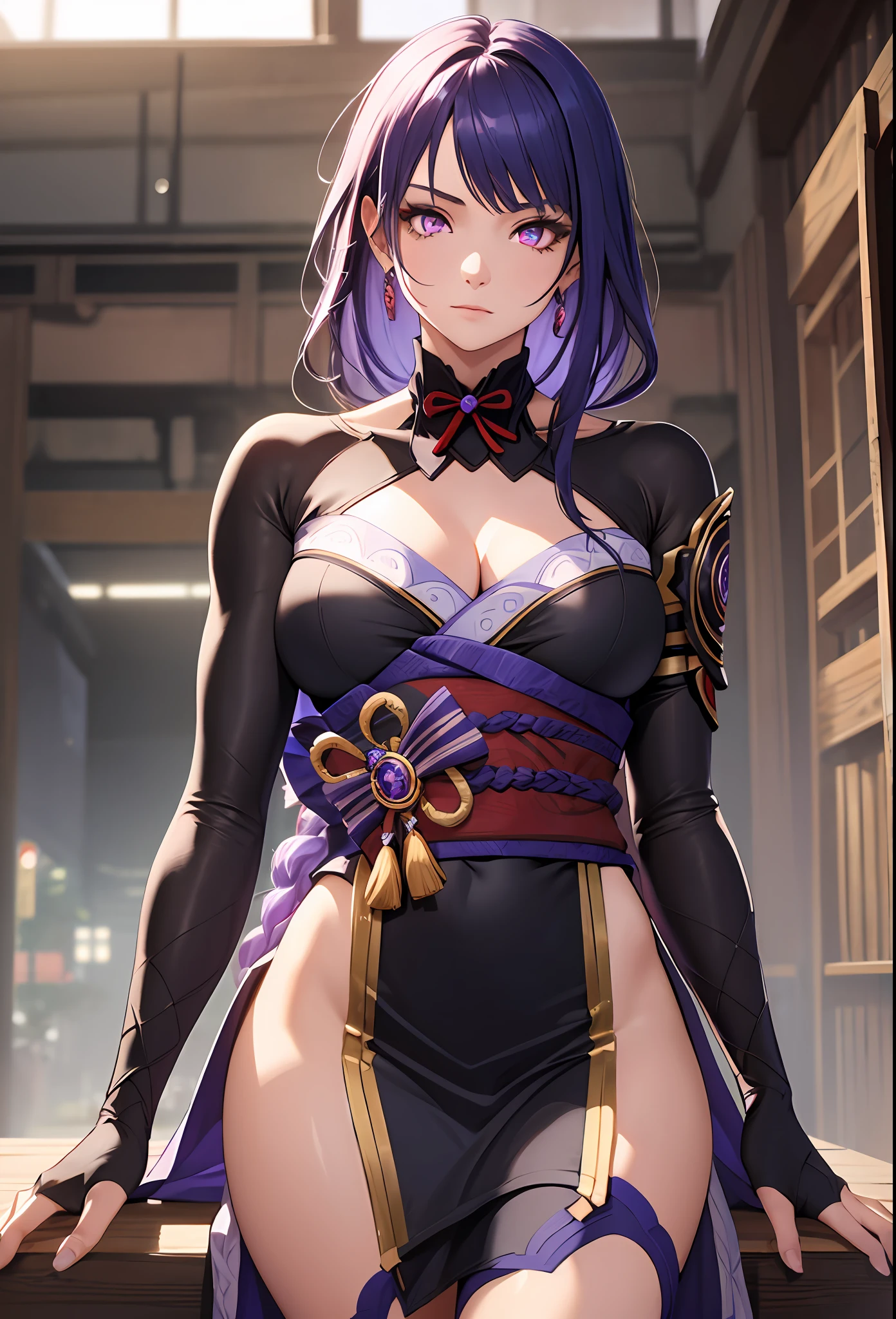 Raidenshogundef, ((Best quality)), ((masterpiece)), (realistic), 1girl, solo, university senpai, mature, tall, beautiful, cool, edgy, college uniform, long purple braided hair, beautiful detailed glowing eyes, muscualar biceps