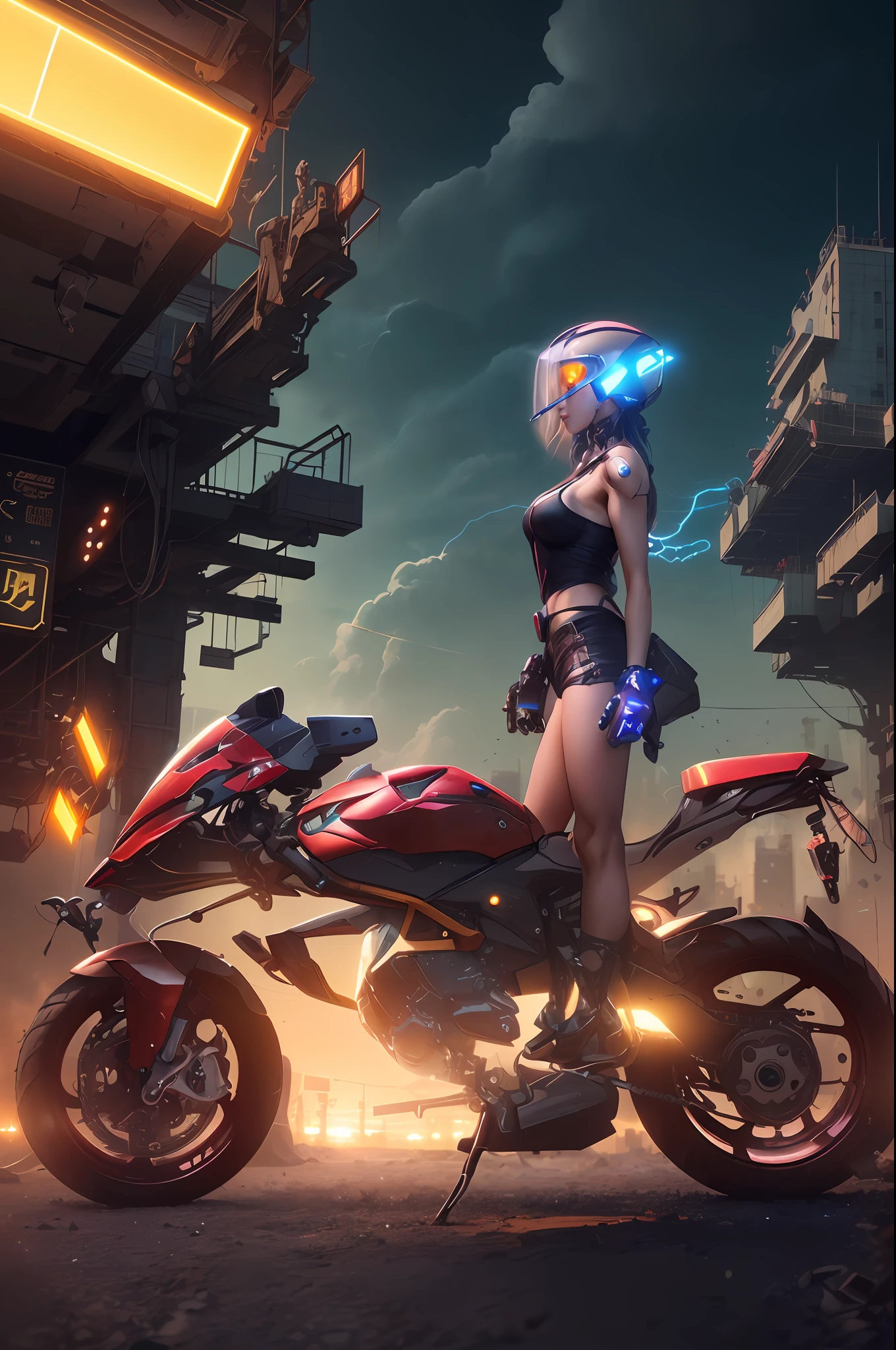 High Detail RAW color Photo,hyperrealistic,digital painting,wide shot,Full Shot,(lens flare:0.5), (bloom:0.5), portrait,(highly detailed, fine details, intricate), incredibly absurdres,(luxurious cyberpunk:1.4,Dystopian,sci-fi), concept art,ornate, from side,looking to the side,
1girl,Lucy \(cyberpunk\),European_Girls,(cute female arterial intelligence,robot, cyborg:1.5),(robotic parts,augmentations,mechanical arms, mechanical legs,silver halmet), (cybernetic implants:1.4,microchip,metal,electric wires,cable,silicone),grey eyes,asymmetrical hair, standing,(holding_weapon,battle_rifle,handgun),belt,(wearing shiny tight soft light suit,see-through white chemise), open jacket,detached sleeves,hip vent,metallic bone exposed,toned physique,slender,medium breasts exposure,breasts out,large ass, (pale skin),(detailed skin, diffused skin pores),HQ, angelic, decorations, embellishments,hard edge,
breathtaking,outdoors, ((in surreal planet Raphael Lacoste)),night, (electricity, bright neon colors,sprawling cyberpunk city skyline), turbulent storm, rain,smog,tendrils, spirals, dust,(((flying ships))), (badlands, observitory)