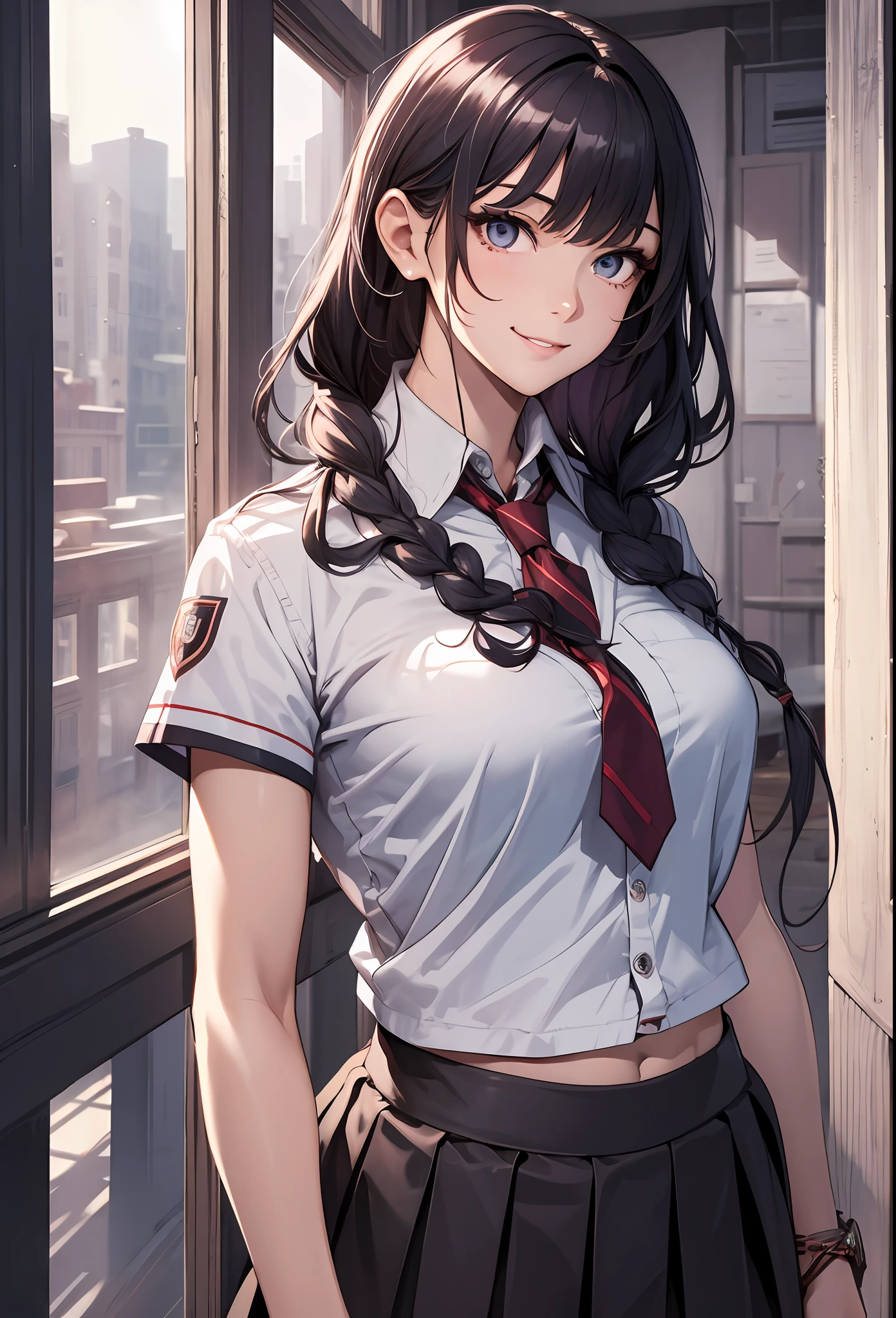 Best quality, masterpiece, realistic, 1girl, solo, university senpai, mature, tall, beautiful, kind, sweet smile, cool, edgy, college uniform, long braided hair, beautiful eyes, muscualar biceps