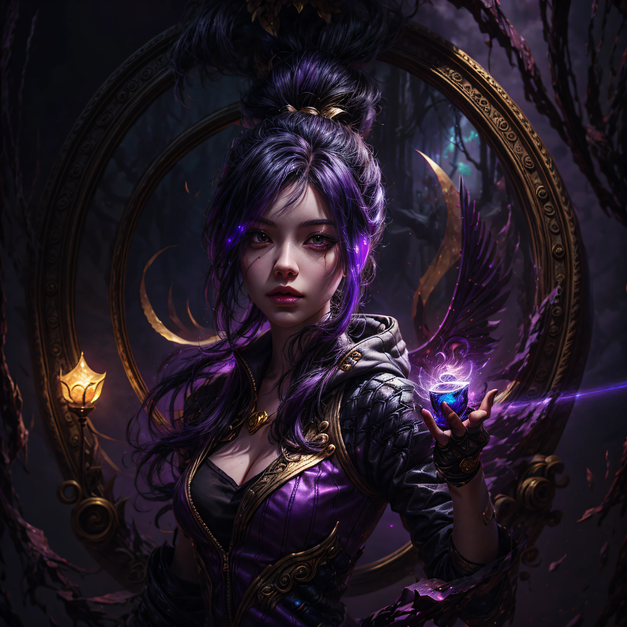 a close up of a person holding a bright purple oil lamp, half body, gold lade, dark purple lights arcane jinx, caitlyn from league of legends, extremely detailed artgerm, samira from league of legends, kda, from league of legends, jinx from league of legends, style artgerm, league of legends character, artgerm detailed, league of legends concept art, ashe