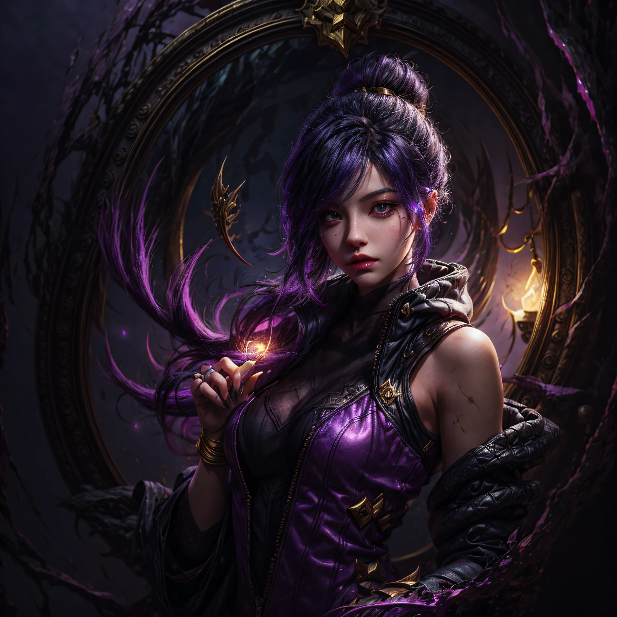 a close up of a person holding a bright purple oil lamp, half body, gold lade, dark purple lights arcane jinx, caitlyn from league of legends, extremely detailed artgerm, samira from league of legends, kda, from league of legends, jinx from league of legends, style artgerm, league of legends character, artgerm detailed, league of legends concept art, ashe