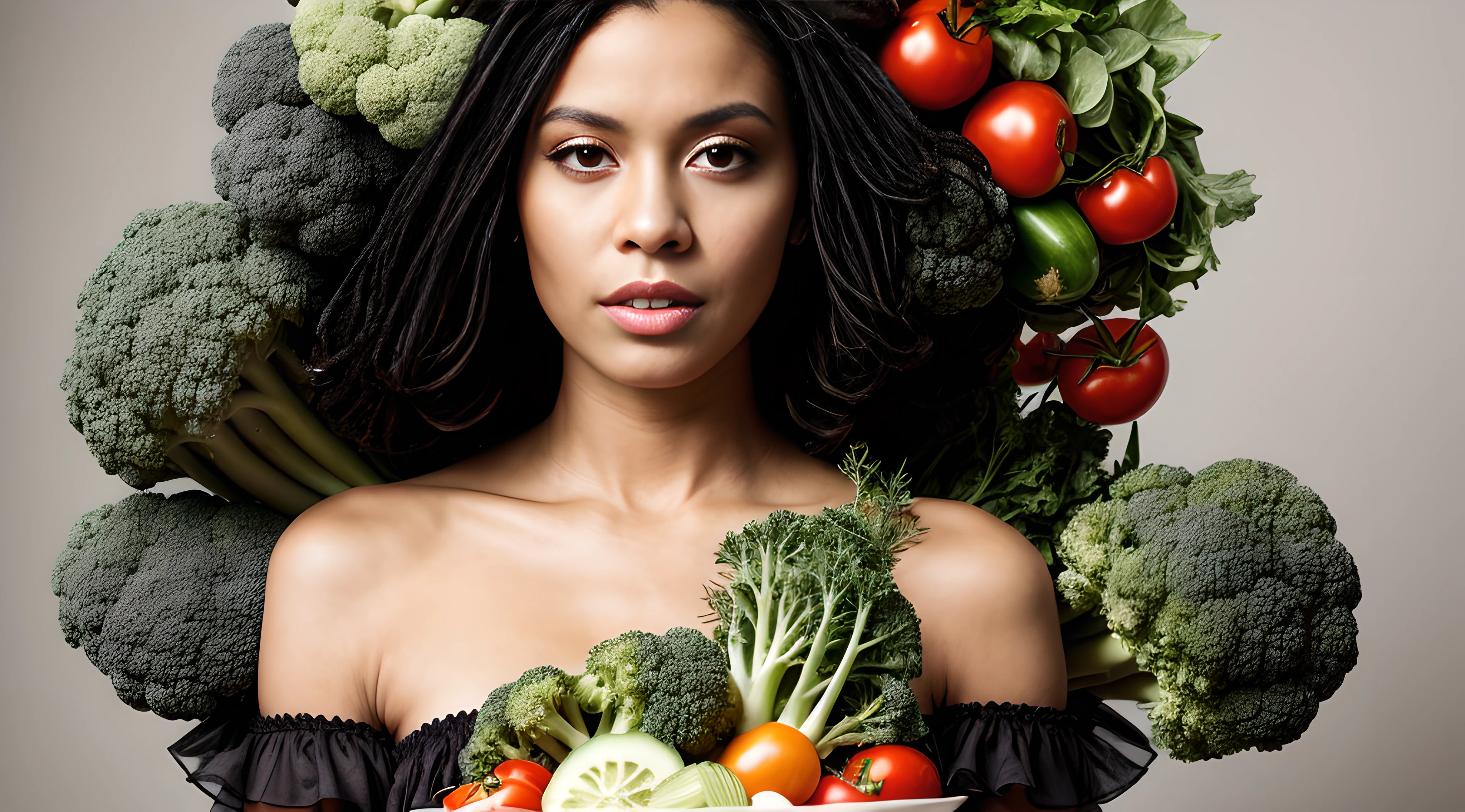 a woman in a dress made of vegetables , cinematic, insane details, intricate details, hyperdetailed, bright face