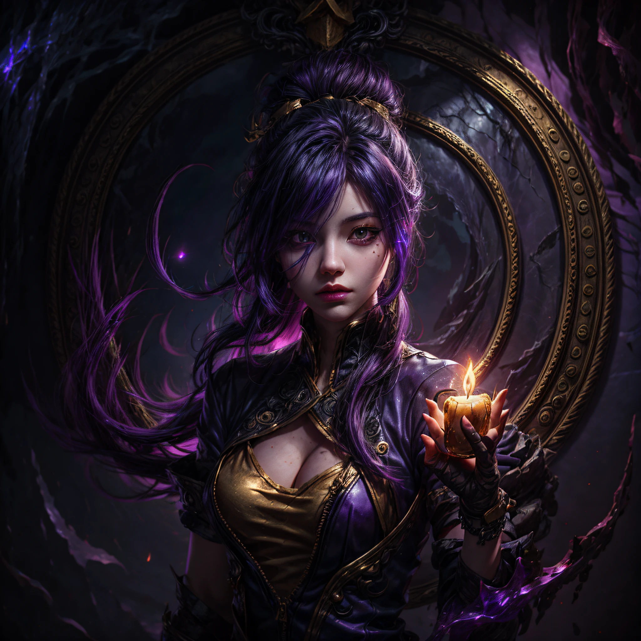a close up of a person holding a bright purple oil lamp, half body, gold lade, dark purple lights arcane jinx, caitlyn from league of legends, extremely detailed artgerm, samira from league of legends, kda, from league of legends, jinx from league of legends, style artgerm, league of legends character, artgerm detailed, league of legends concept art, ashe