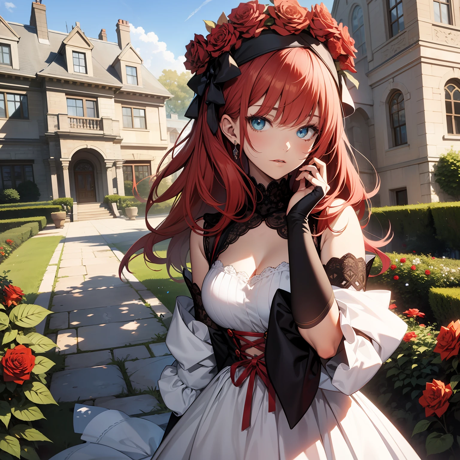 Lolita Gotica, anime, drawn by Thores Shibamoto, red hair, white dress, blue eyes, in a garden, with red roses, mansion in the background, looking at the viewer, 4k, masterpiece, detailed face