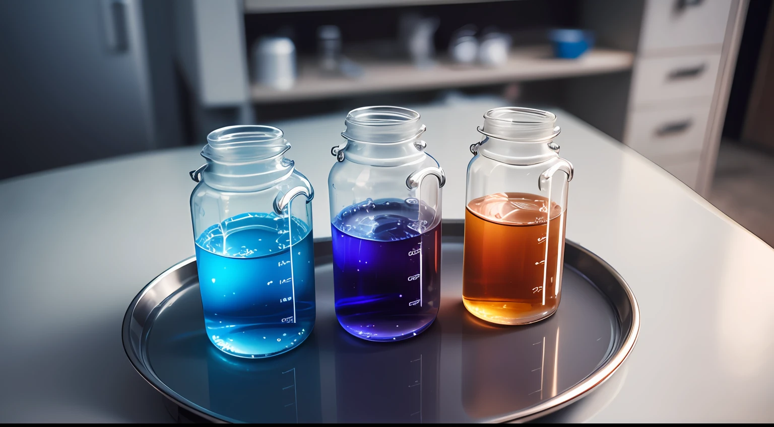 Top quality, high image quality, depth of field 1.2, the shot should be taken from above, bright large laboratory with high ceiling, many beakers with saline solution, no people