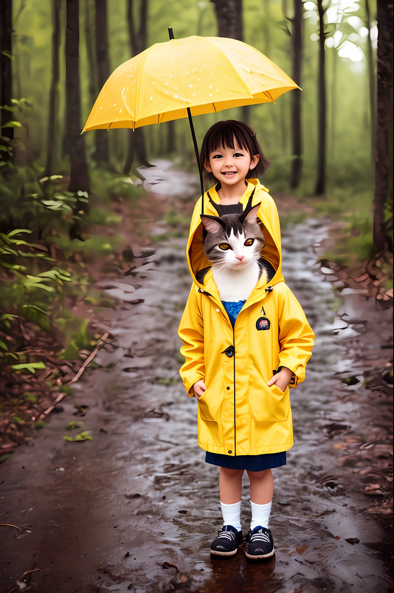 girl, CircuitBoardAI, tiny cute (happy1.4) cat in a (yellow raincoat1.3) in the woods, rain, a character portrait, Tilt-shift, bokeh
