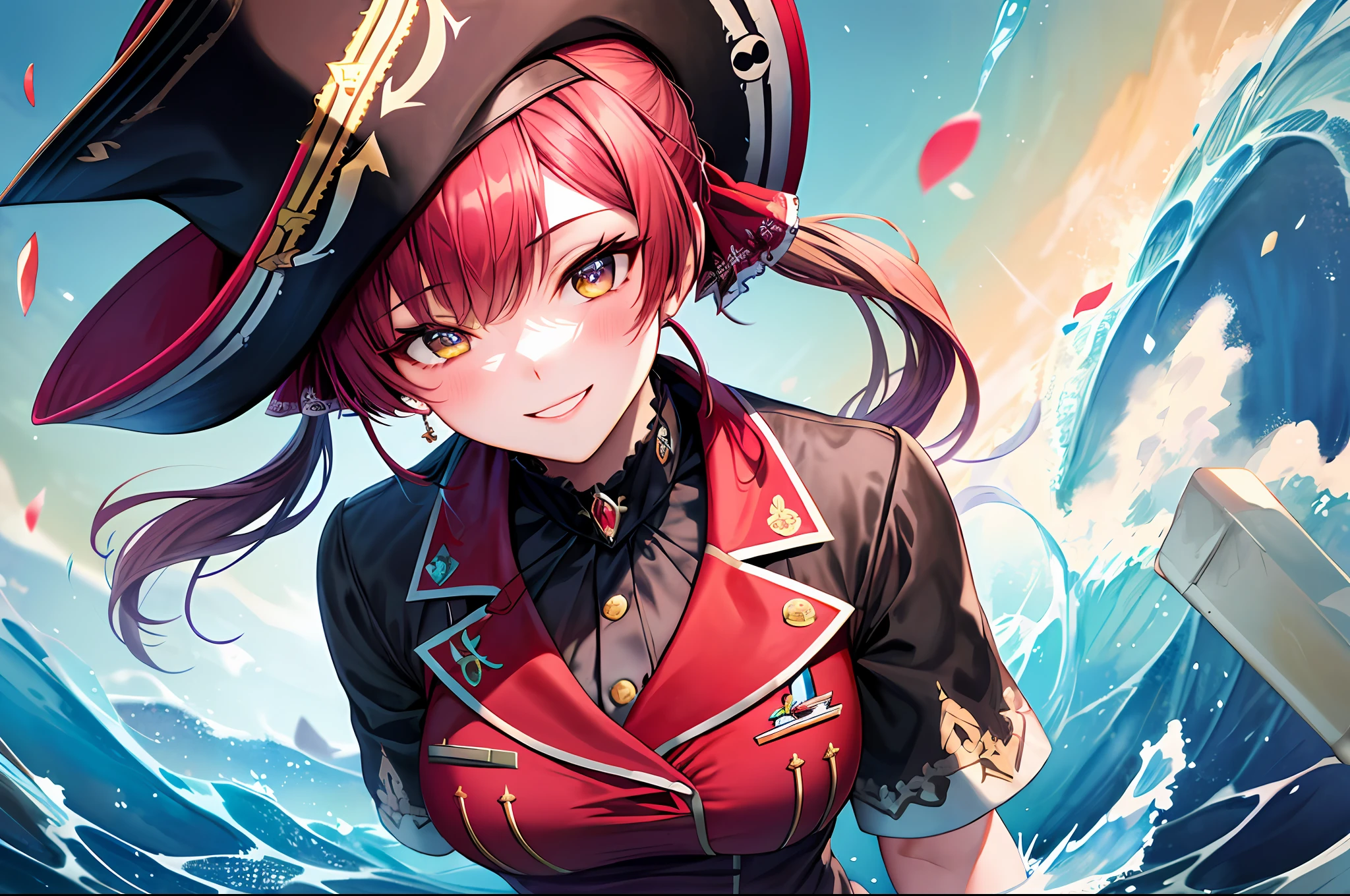 Houshou marine, wear a pirate hat, joyful, mischievous, close portrait, water color, oil painting, art, abstract, dreamy, fluffy, flower, ultra detailed, best quality, volumetric lighting, smiling eyes,((1girl)), (pony twin tail), vibrant, illustration, dynamic angle shot, seductive