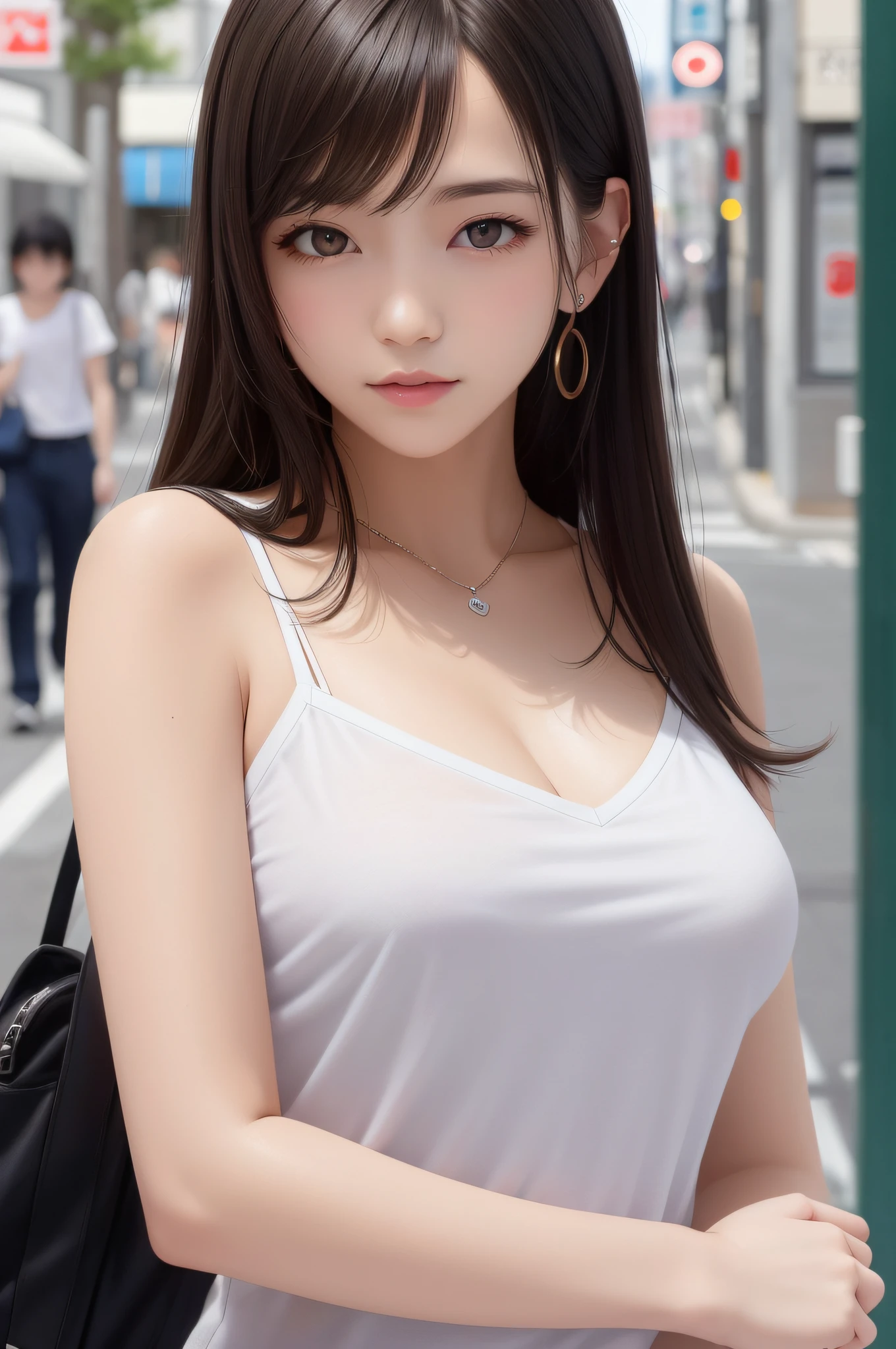 (Top Quality, Masterpiece: 1.1), (Real: 1.4), BREAK (((FF7))) (((Tifa))),solo,1girl,((Light Brown Hair, Large breasts: 1.2)),(outside, street, Tokyo), 　BREAK (white t-shirt,camisole dress),(No Bra)  (Small and beautiful hard nipple), clothed,(shiny oiled skin: 1.4), about 18 years old,