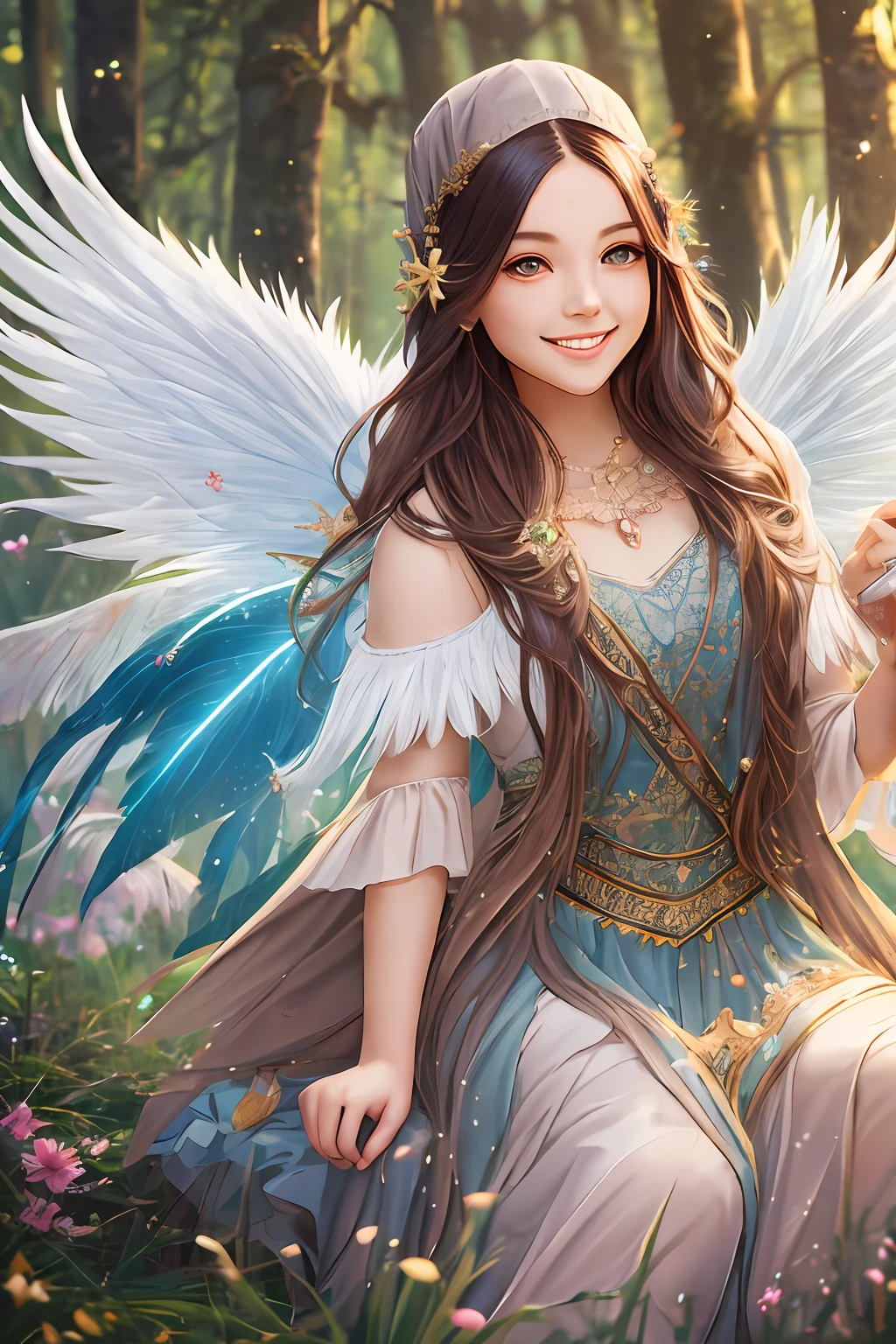 wizard, studying with friends, fairy, powerful, gentle angel, flash, light, big feathers, fun, playful, beauty, bright background, high image quality, parent and child, bright smile, strong light, enjoy, lassen, forest background