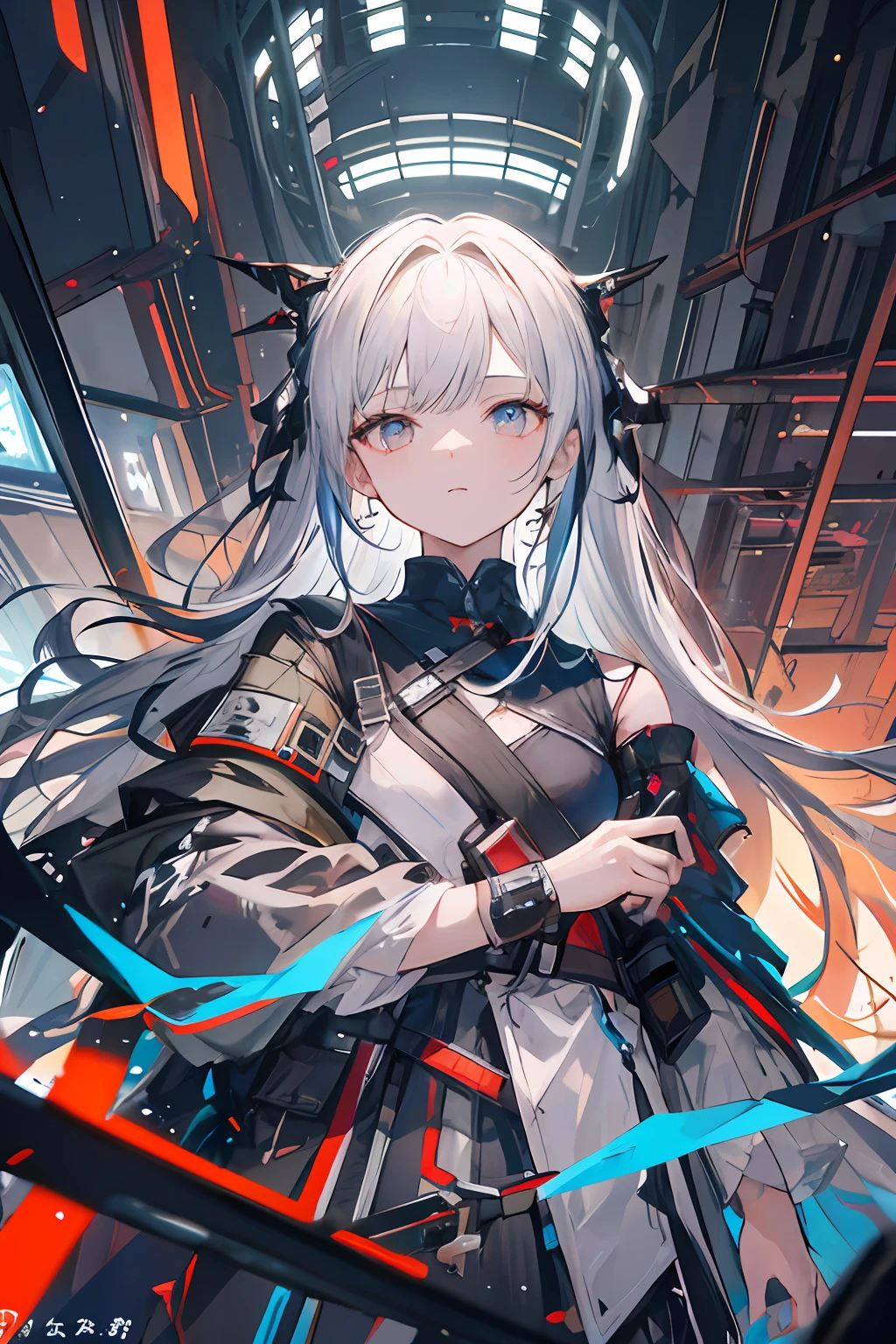 (flat color:1.3), looking at viewer, (1 girl, long hair, solo, finely detailed beautiful face, finely detailed eyes), (Perfect Body: 1.3), gradation hair, (全身), 站立, 风衣 紧身衣, cyberpunk clothes, rule of thirds, ((Best Quality)), (Masterpiece)), (Very detailed:1.3), Beautiful, Arknights, city, ((colorful)) , float hair, machinery, (looking at viewer), 7 avatars, Costumes, high quality of light and shadow, megastructure, biodome, landscape, horizon, atmosphere, depth of field, fully detailed