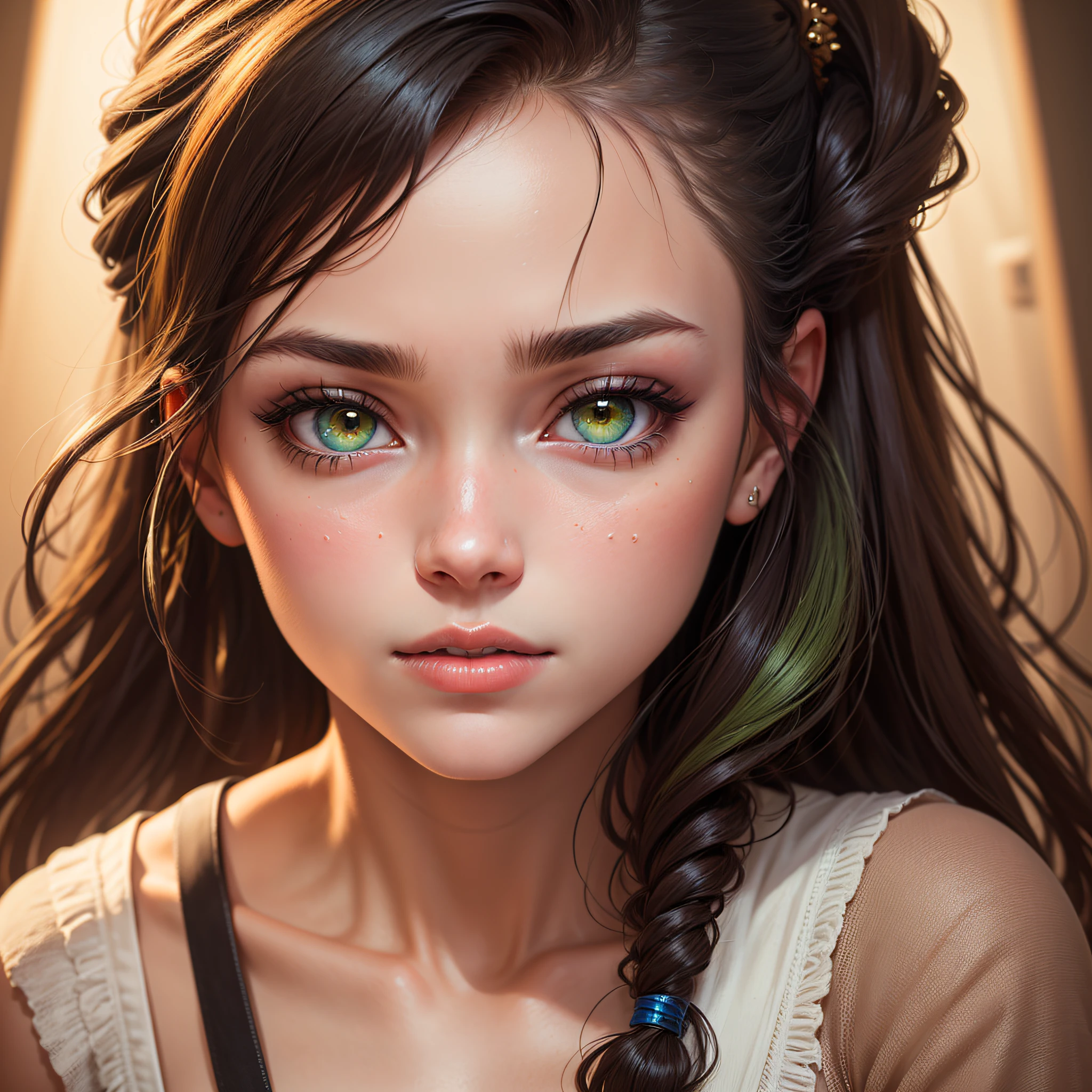 "Describe a girl with a delicate face and Nordic features. His green eyes are the highlight, being well detailed and expressive. The irises have vibrant shades of green, with a golden ring around the pupil. The eyelashes are long and curved, further enhancing the charming look. Her eyebrows are precisely defined, with well-groomed and arched hair, highlighting the facial expression. The makeup is soft, enhancing the girl's natural beauty. Her skin is flawless, with a smooth and luminous texture. The lips are delicate and proportional, with a natural pinkish color. The image should be captured in high definition, providing a faithful representation of the girl in realistic photographic style."
"type": "photograph",
"art_styles": "realistic",
"art_inspirations": "portrait photography, fashion photography",
"camera": "Canon EOS 5D Mark IV",
"shot": "close-up",
"render_related_information": "The image must be captured with extreme precision and detail. Use soft, diffuse lighting to highlight the subtle details of the girl's face. Capture the texture of the hair, highlighting the reflections in the red strands lived. Pay attention to the smallest details, such as the curvature of the eyelashes, the sparkle in the eyes and the softness of the lips. The focus should be on the eyes, conveying all the expressiveness and depth of the girl's gaze. The image should convey a sense of realism and authenticity, accurately portraying its unique and charming features." --auto