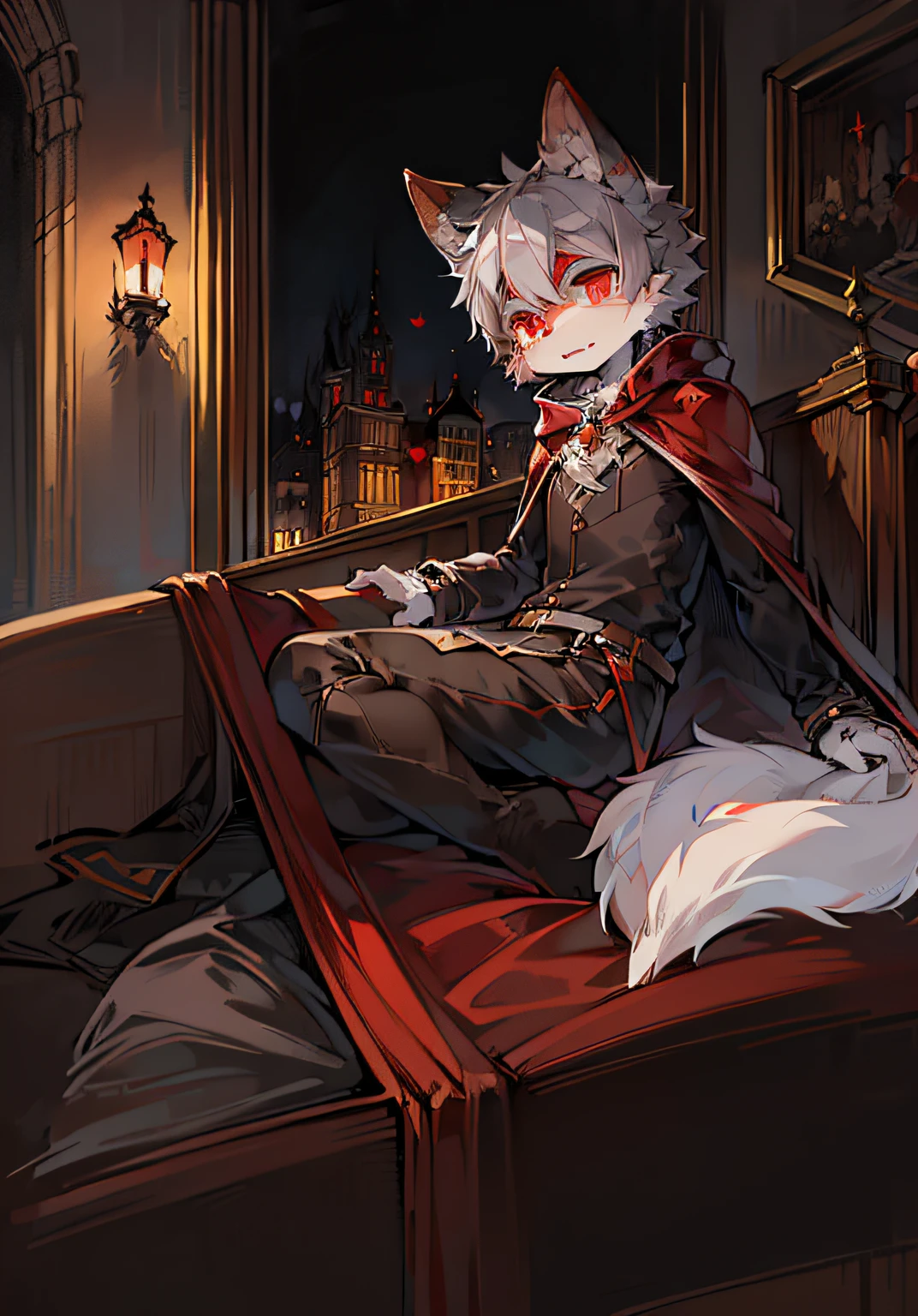 (Dark Environment: 0.8), Masterpiece, High Quality, Abstract Res, Digital Painting\(artwork\), by Dagasi, Yupa, Kiyosan, (Anthro, Fluffy Fur, Character Focus: 1.1), Anthro Male Cat, Short Hair, Portrait , bright eyes, panorama, character focus. (detailed background: 0.7), solo, furry, furry male, male focus, anthr, (full body fur, fluffy tail, white fur, red eyes, gray hair: 1.2), (long canids, vampires, cape: 1.2), (interior, night, castle, coffin: 1.1) humanoid genitalia