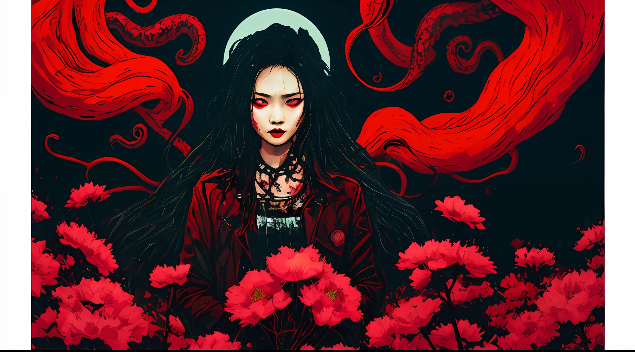 red and black, an asian girl in the darkness, in the style of Mork Borg, strong contrast, grunge dirty punk splash art, black metal zine, punk color splash background, surrounded by sakura flowers, surrounded by lovecraftian tentacles, surrounded by dark red mist and shadowy smoke, horror, dark mood, black and red colors