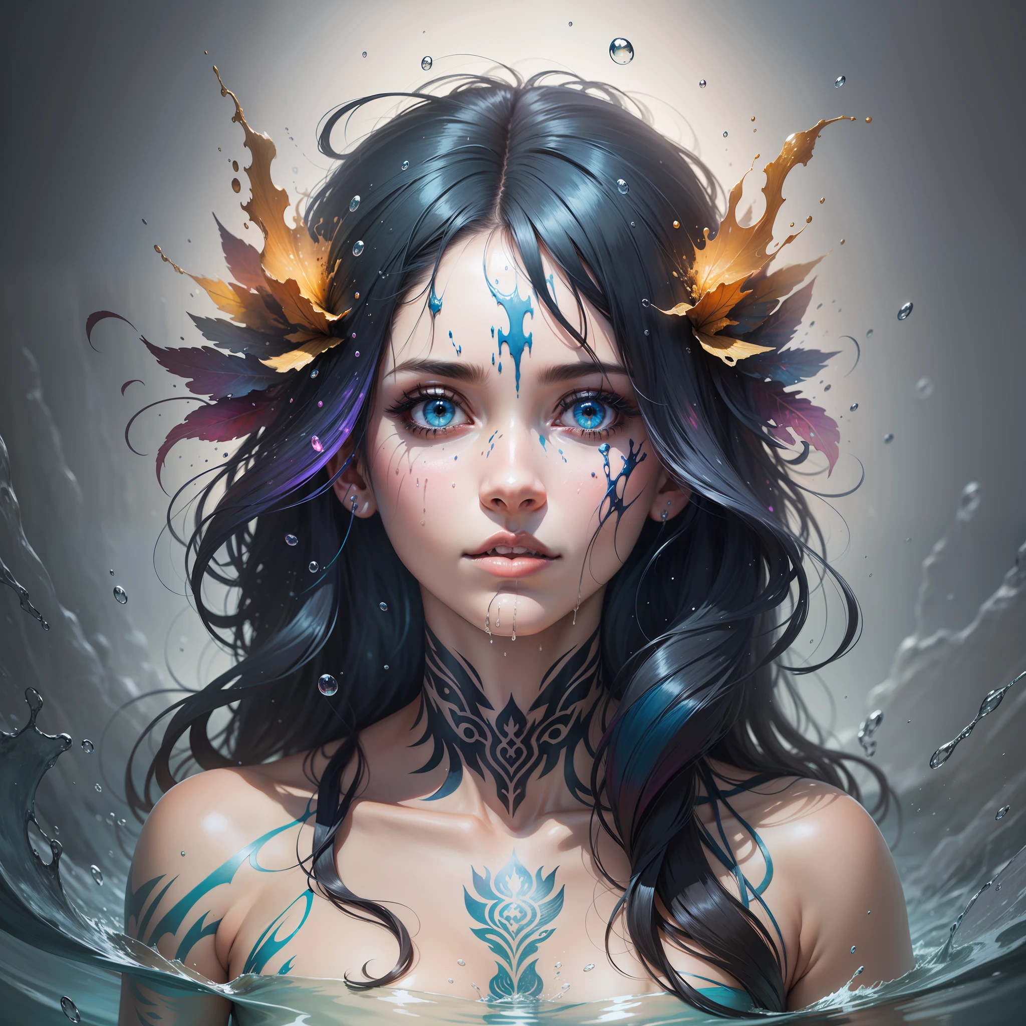 a half-body portrait of a gorgon woman made of water, half body submerged in water, in a lake, hair of thousands small golden snakes, depicting as waterfall, wet, drops of water on the face and body, tribal tattoos, natural body posture, rain, Art by Alberto Seveso, by Carne Griffiths, by Wadim Kashin, by jean baptiste monk, symmetrical, abstract art style, complex and intricate watercolor painting, sharp eyes, digital painting, explosion of colors, conceptual art, volumetric lighting, TanvirTamim, metallic reflections, 2d rendering, 8k. by artgerm, trend in artstation