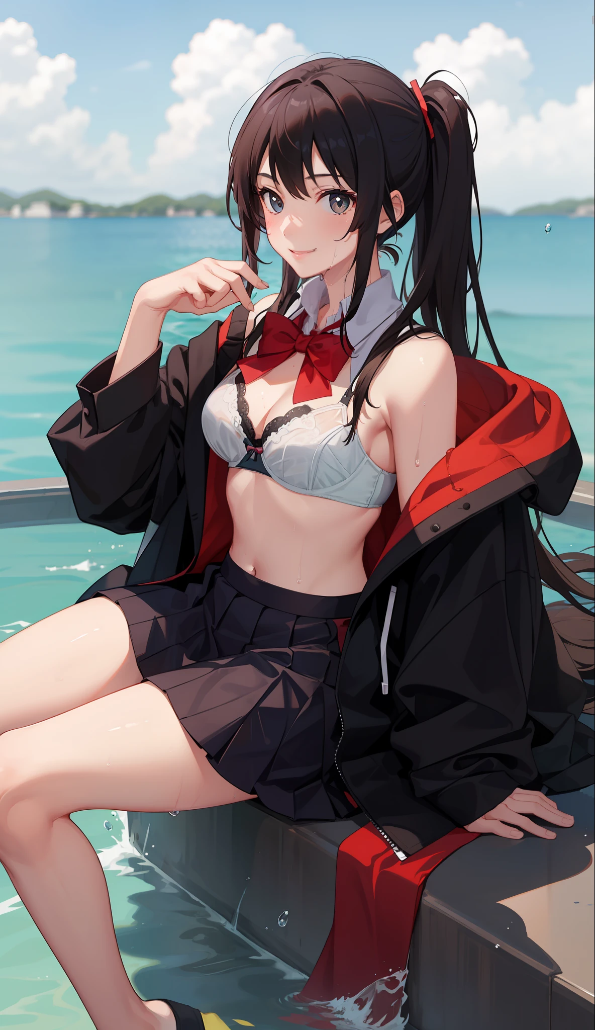 1 girl, smile, shirt, skirt, (small) chiralism, Japan high school school uniform, seravuk, summer clothes, squall-wet uniform, sheer bra, (portrait from knee up),