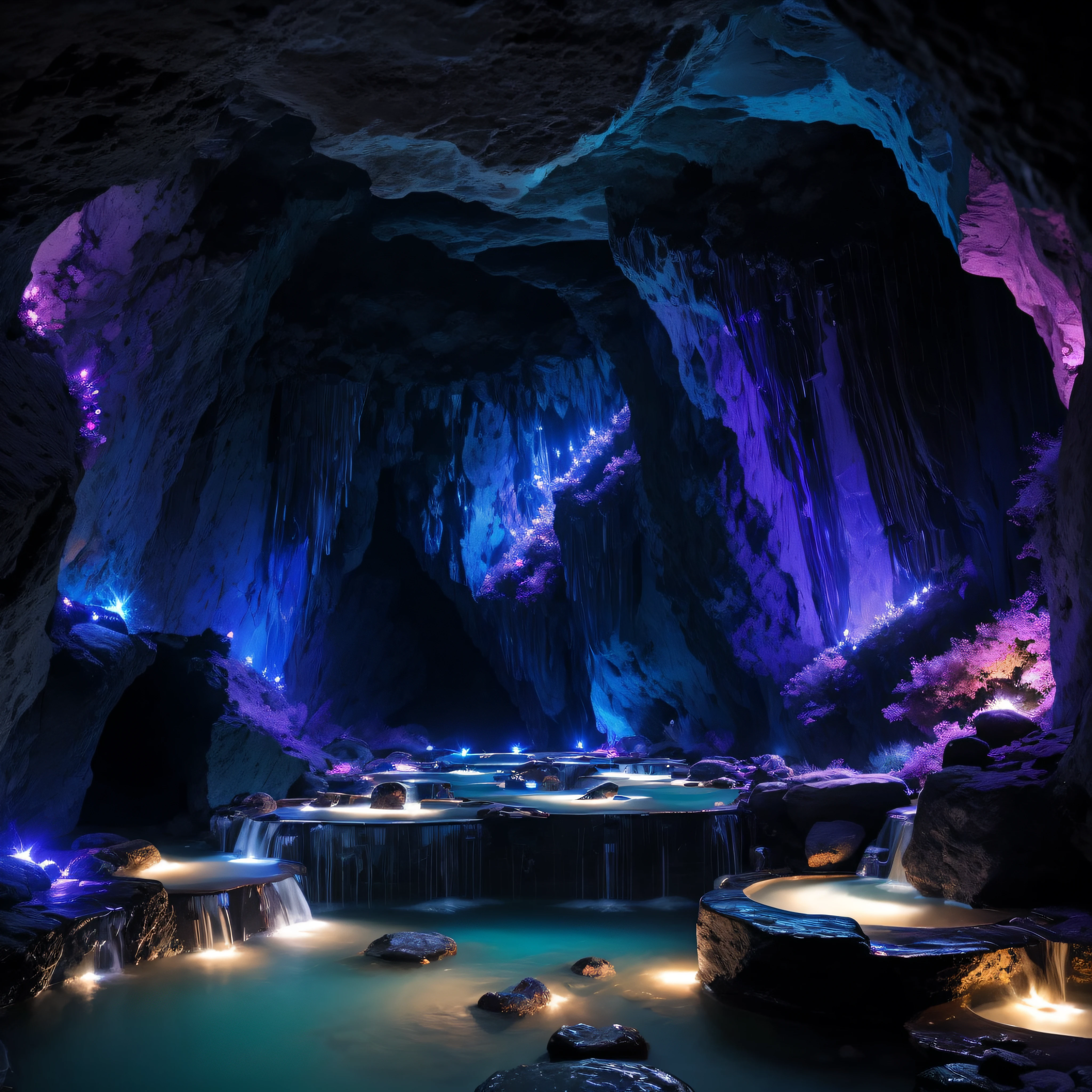 Cosmic crystals in a cave of lush black marble dream water pools that contain lights