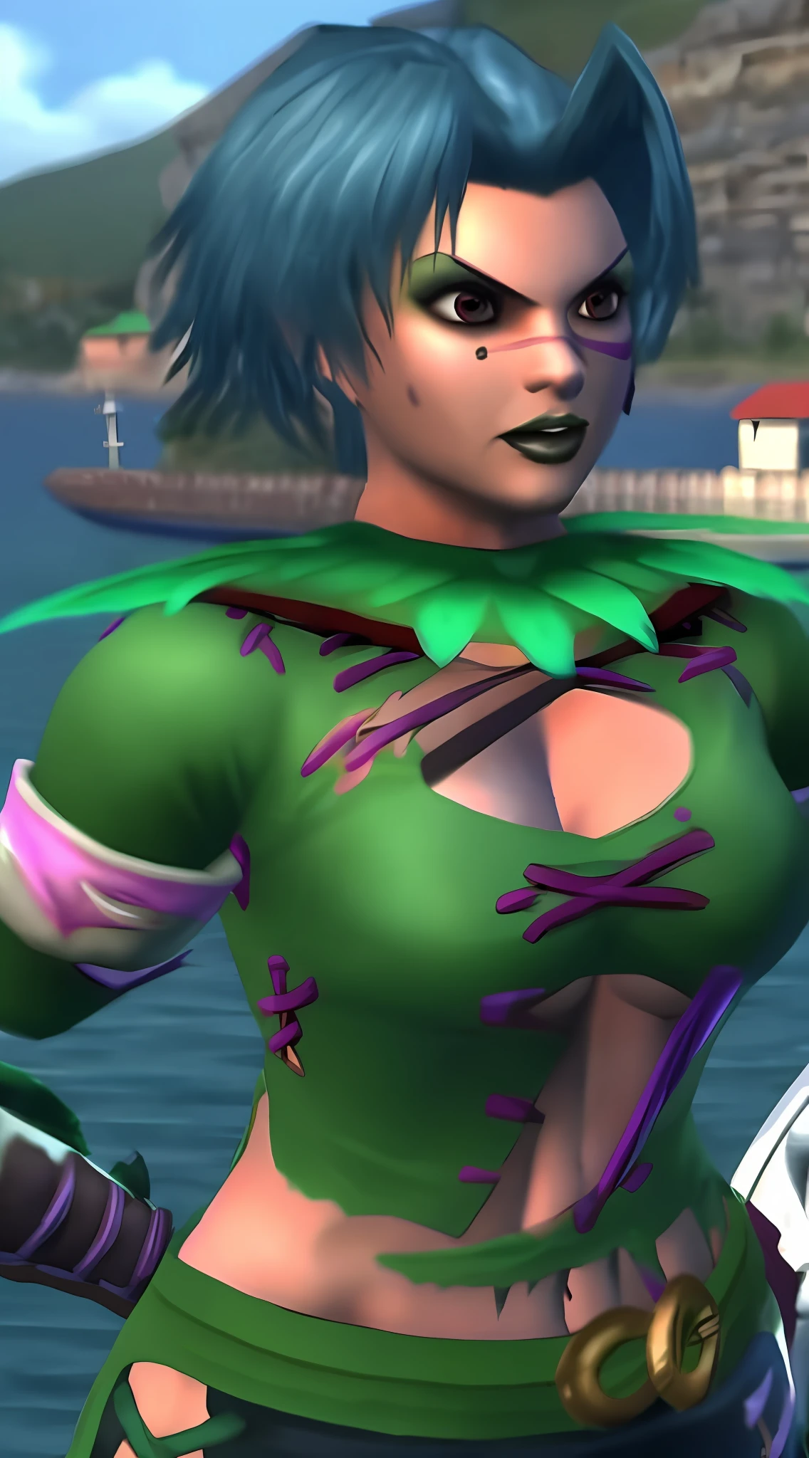 Tira, Soulcalibur III outfit, breasts, curvy hips, evil, girl, assassin, blade, up close, leaning towards, boat background, cleavage view
