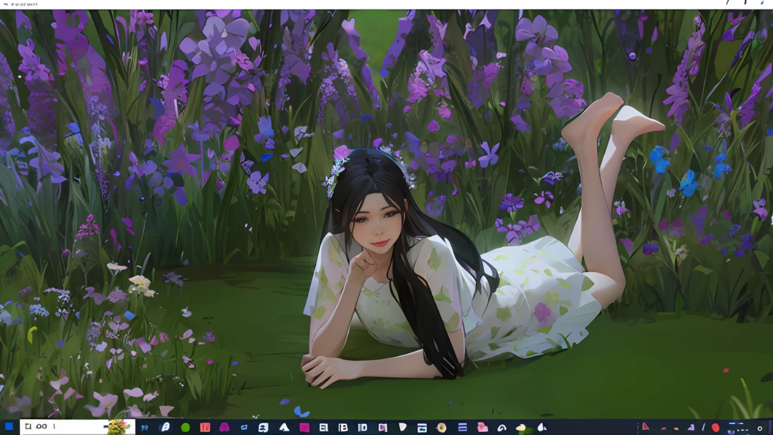 arafed woman laying on the grass in a field of flowers, inspired by Sim Sa-jeong, sitting with flowers, sitting in a field of flowers, the sims 4 texture, there's flowers everywhere, inspired by Miwa Komatsu, inspired by Lilia Alvarado, girl floating in a flower field, elegant floating pose, inspired by Huang Ji