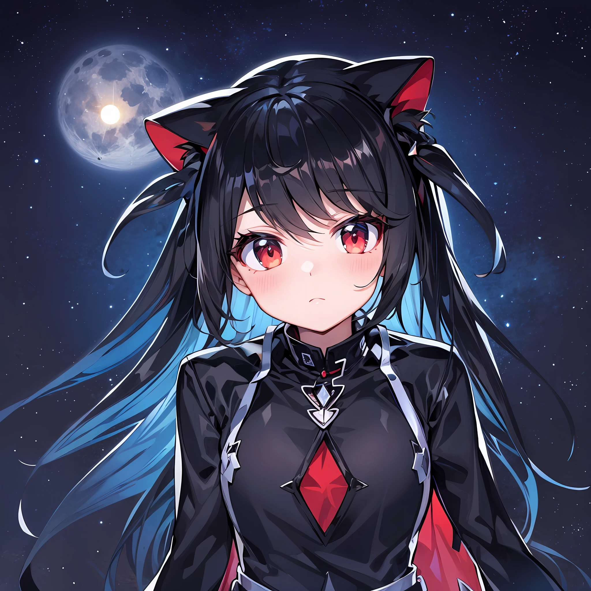 Black hair, space backdrop, big moon, red eyes, white shirt