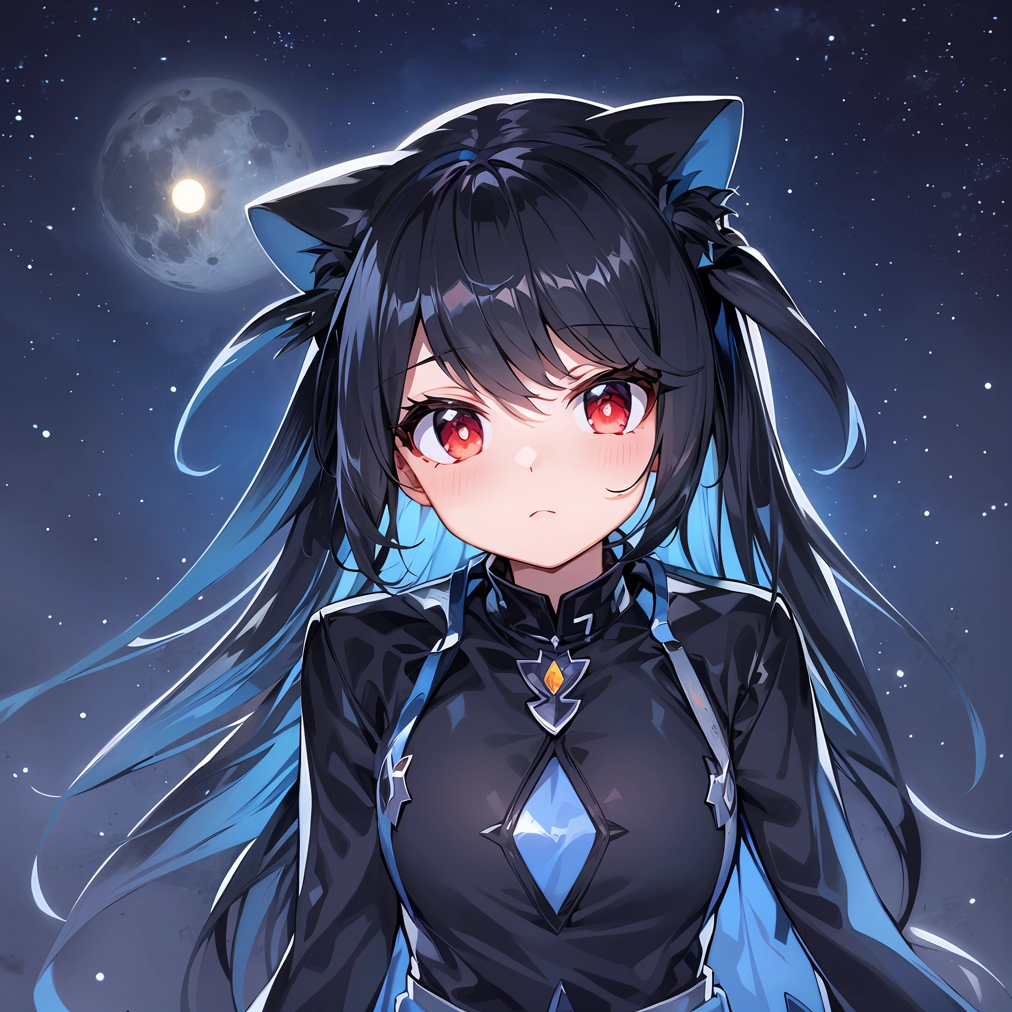 Black hair, space backdrop, big moon, red eyes, white shirt