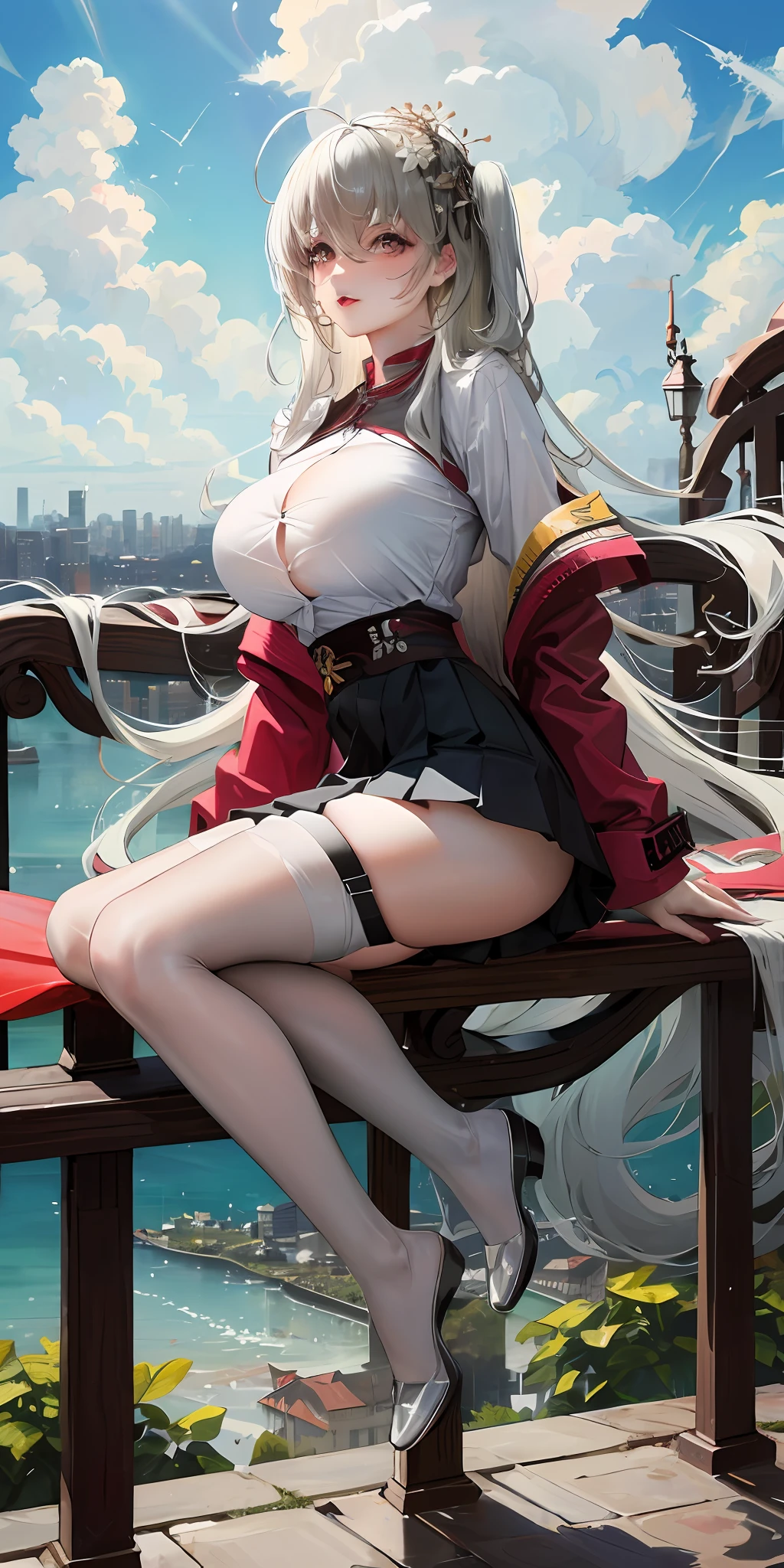 Official Art, Masterpiece, Sharp Focus, (Beautiful Gorgeous Cute Korean Woman: 1.3), (Beautiful and Cute Chinese: 1.3), Chinese Beauty, Delicately Beautiful Hair and Eyes and Face, Realistic, Ultra Detailed, Beautiful Girl, Blue Sky, Glowing White Particles, (Sidelighting: 1.2), Sunlight, White Clouds, Delicate Clouds, Slender, Cute Big Breasts Big Buttocks, Blushing with Laughter, Landscape, Long Straight Hair, Sexy Facial Expressions, Architecture, (Cityscape: 1.7), dynamic hair, long straight hair, fine platinum blonde hair, glowing blue eyes, (blue tight pleated shirt + white miniskirt), shirt chest burst, white transparent stockings, pale skin, hair accessories, epic scenery, very thin and long legs, all over, drenched, red face
