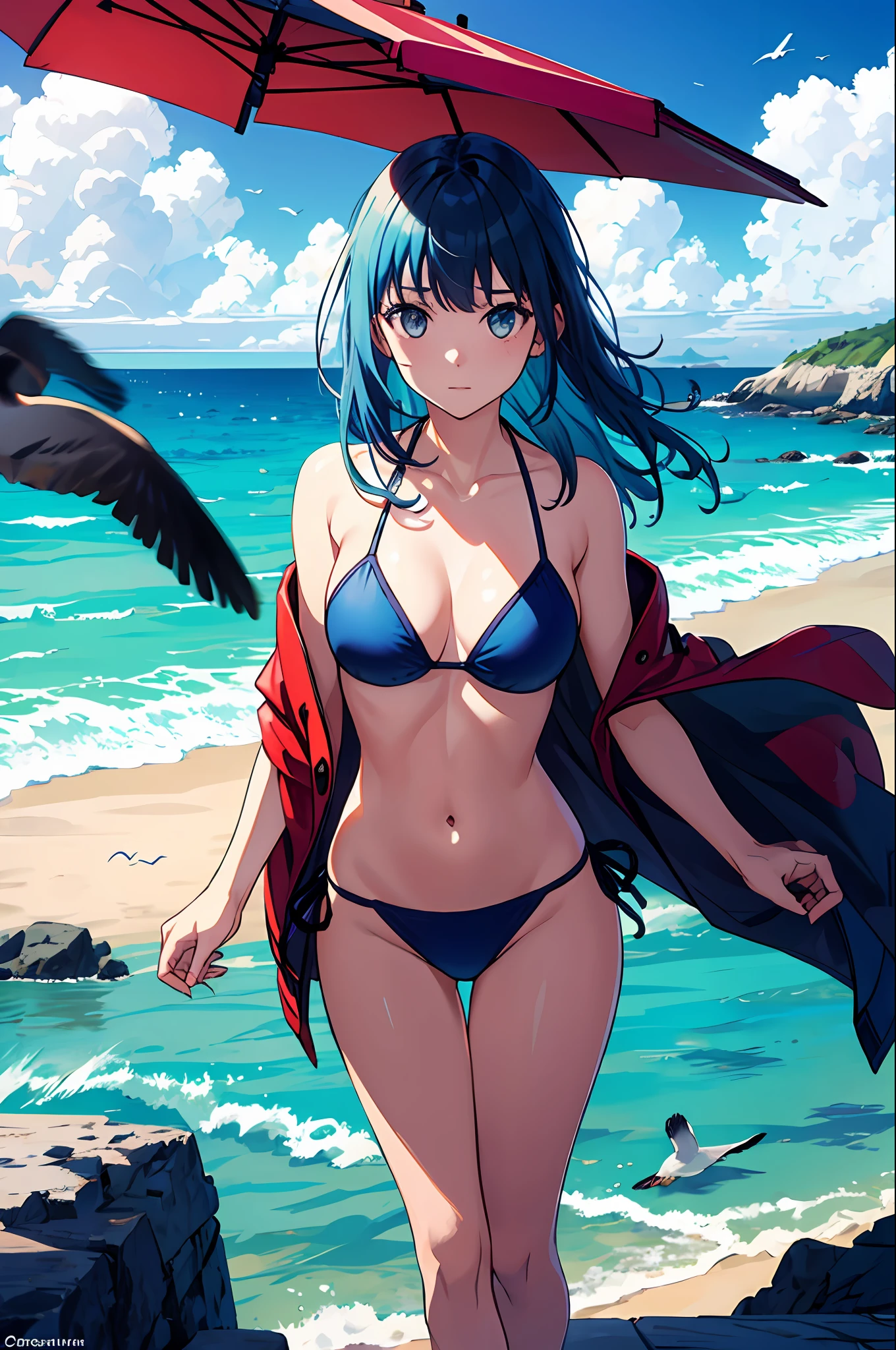 1 Girl, Seagull, Epilogue, Ocean, Bikini, Normal, Long Hair, Short Blue Hair